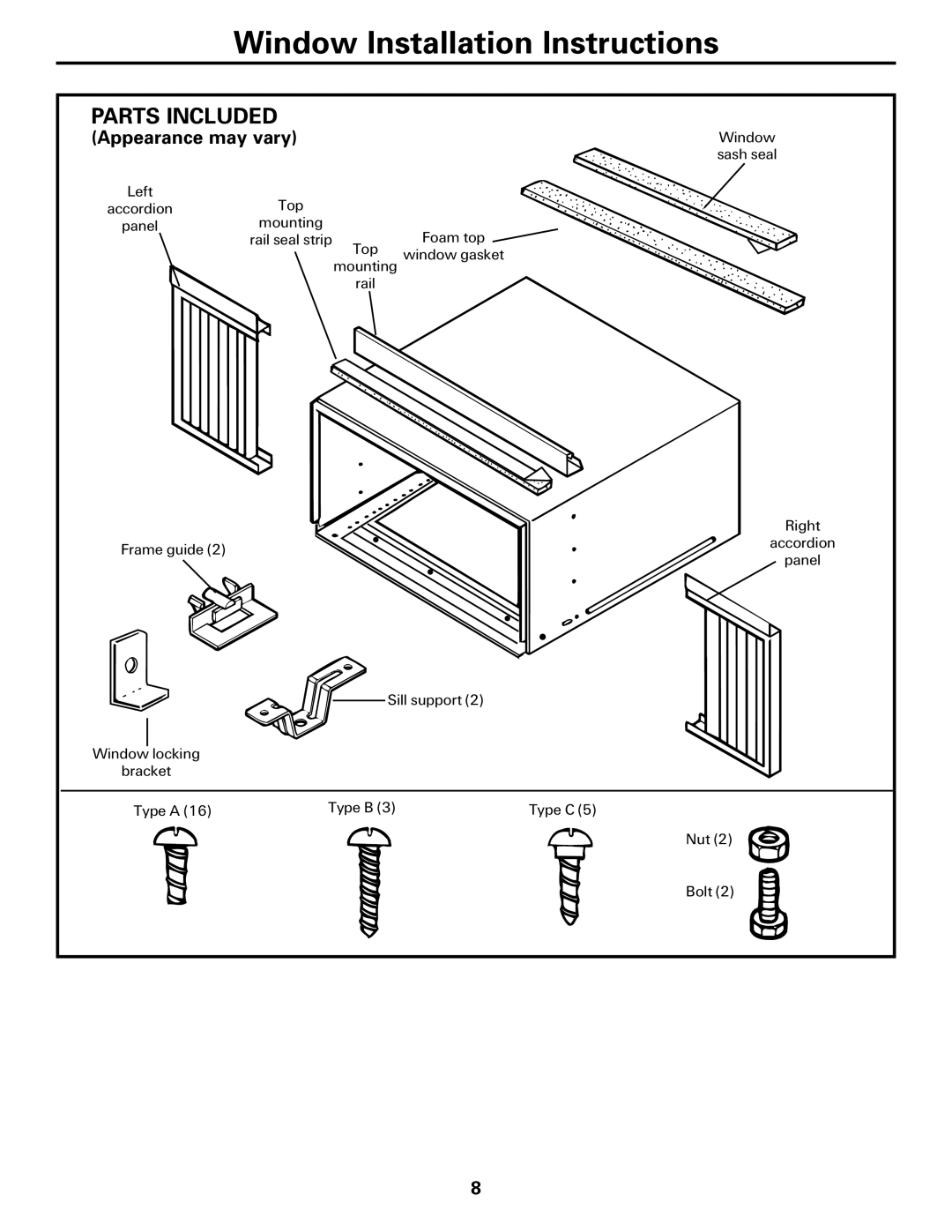 GE AGQ12DK installation instructions Window Installation Instructions, Parts Included 