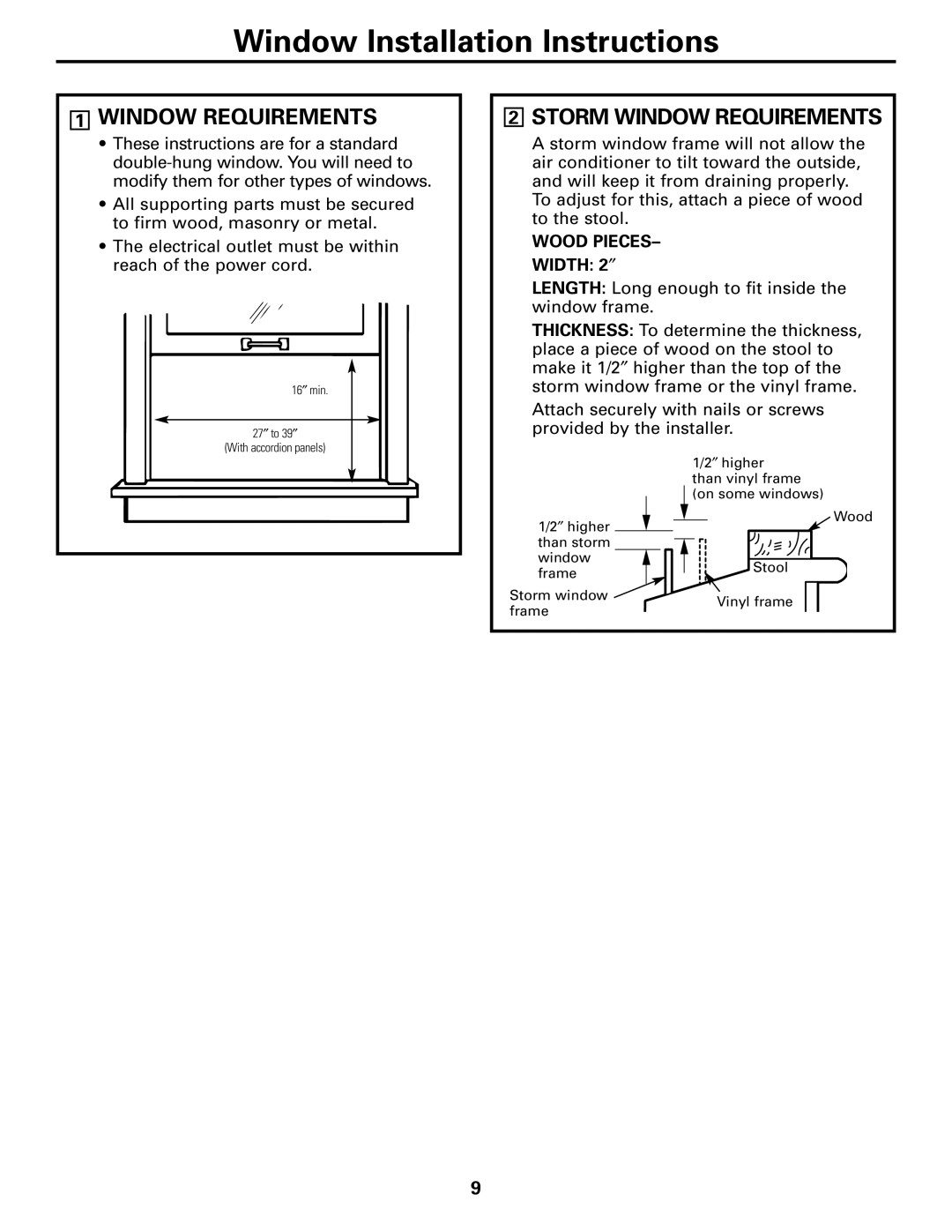 GE AGQ12DK installation instructions Storm Window Requirements 