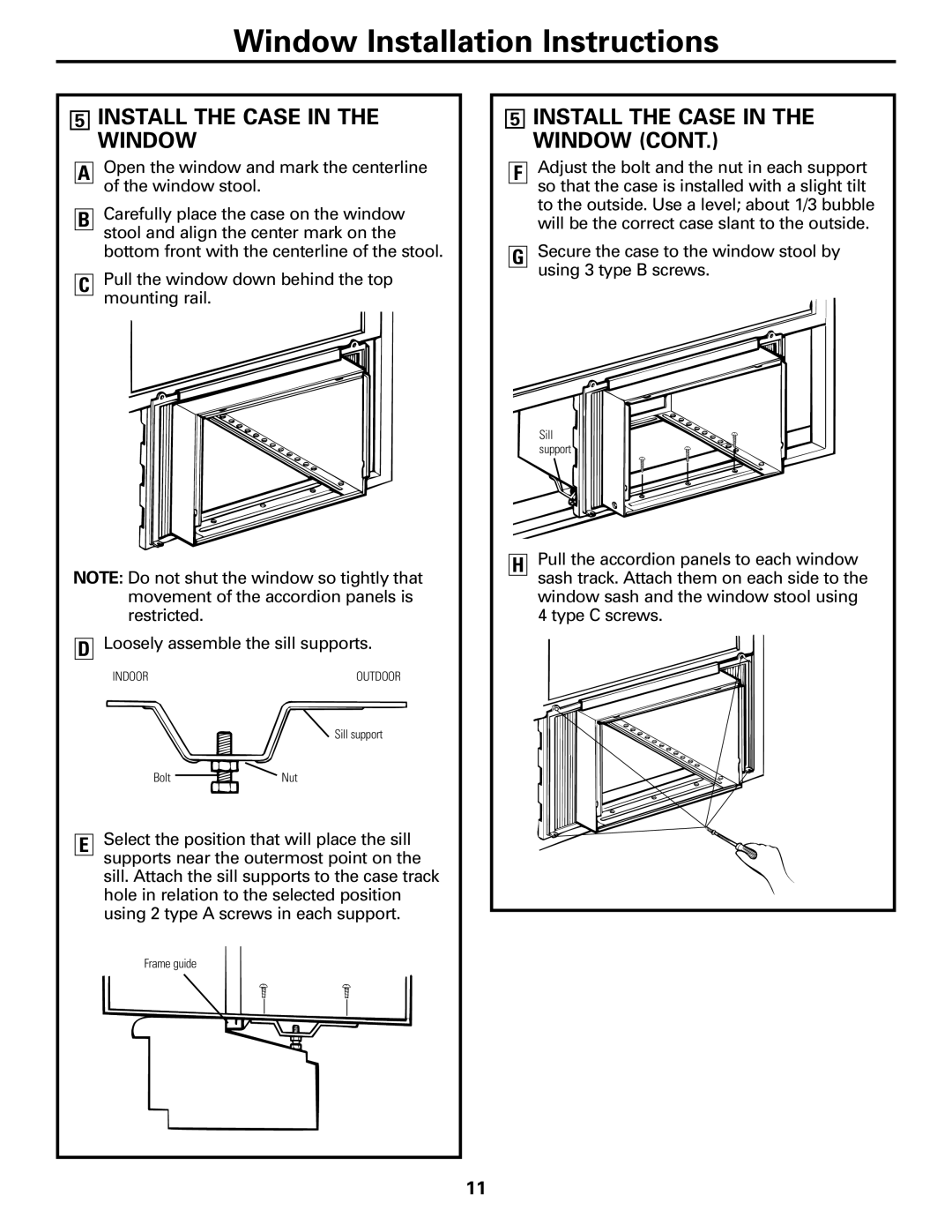 GE AGQ12DK installation instructions 5INSTALL THE CASE IN THE WINDOW CONT, Window Installation Instructions 