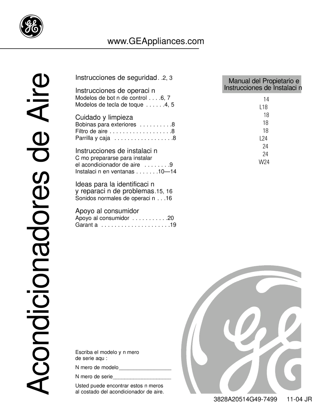 GE AGV24, AGQ24, AGW24, AGL18, AGL24 Acondicionadores de Aire, Manual del Propietario e Instrucciones de Instalación 