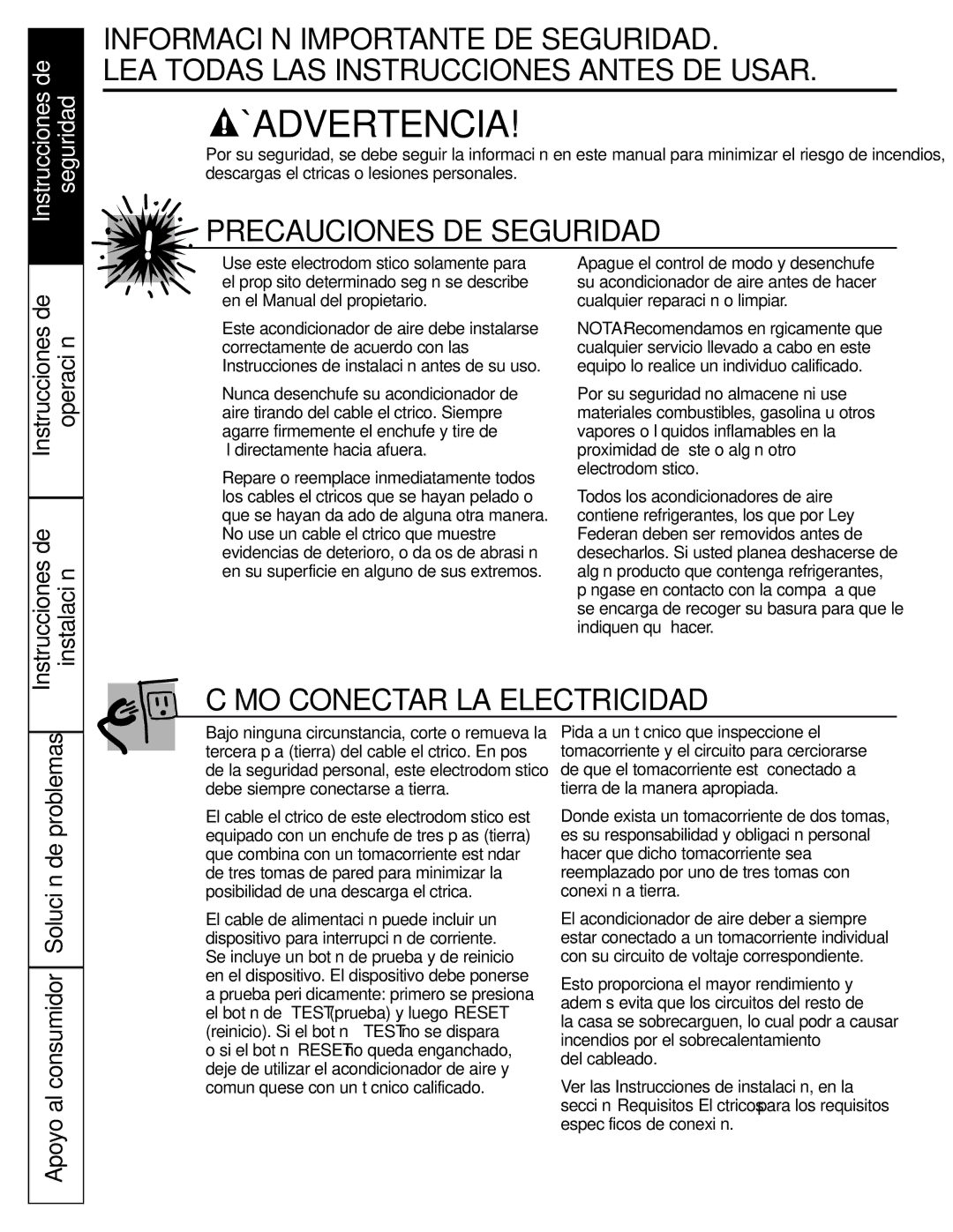 GE AGW24, AGQ24, AGV24, AGL18, AGL24 installation instructions ¡Advertencia, Instrucciones de Operación 