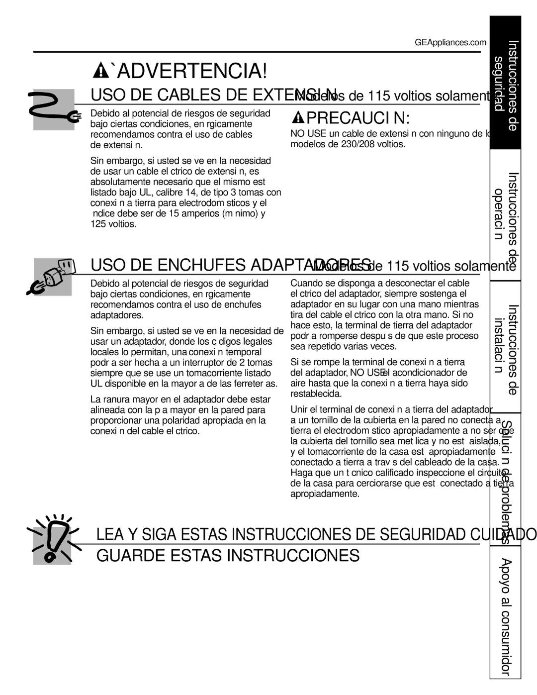 GE AGL18, AGQ24, AGV24, AGW24, AGL24 installation instructions Apoyo al consumidor, Operación, Instrucciones 