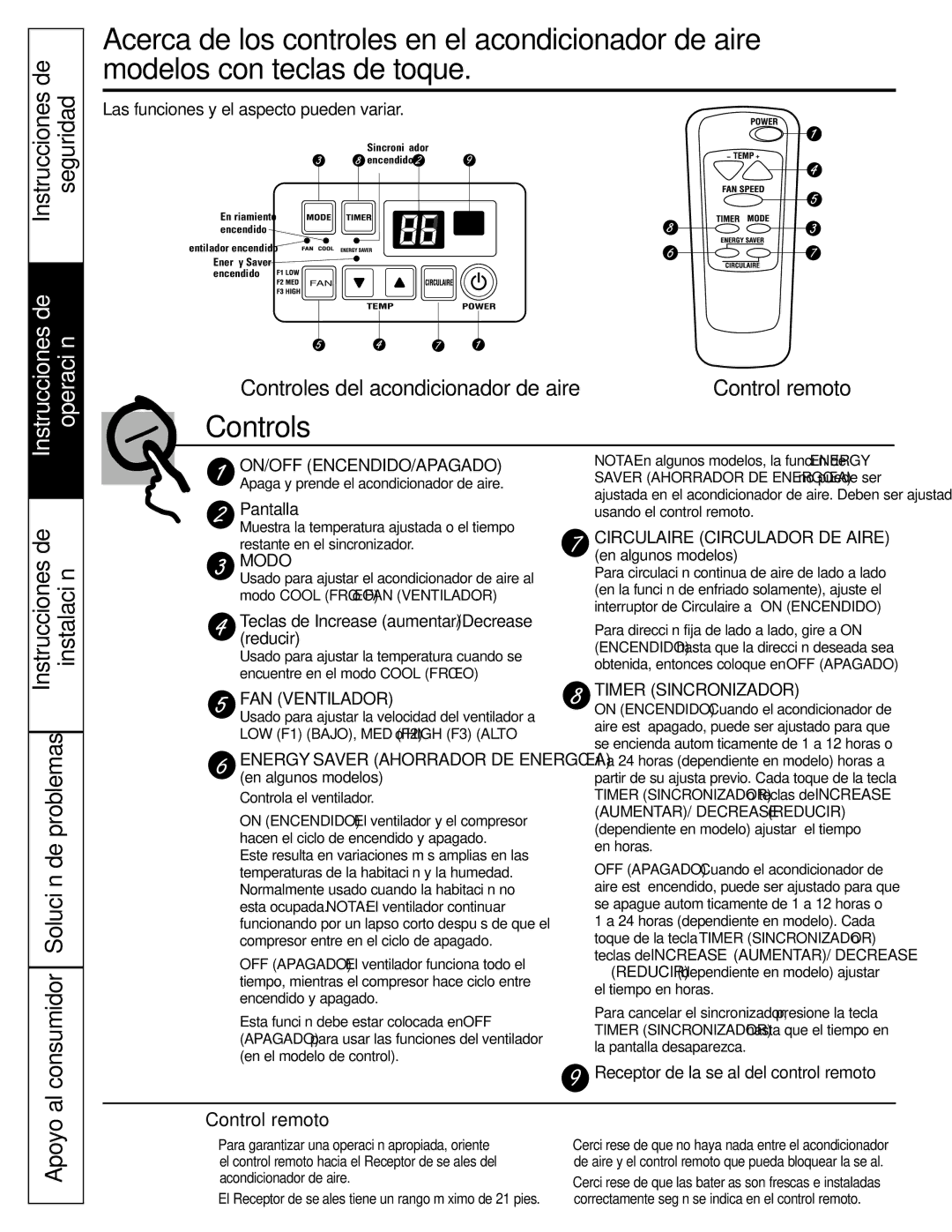 GE AGL24, AGQ24, AGV24, AGW24, AGL18 Instrucciones de Seguridad, Al consumidor Solución de problemas, Control remoto 