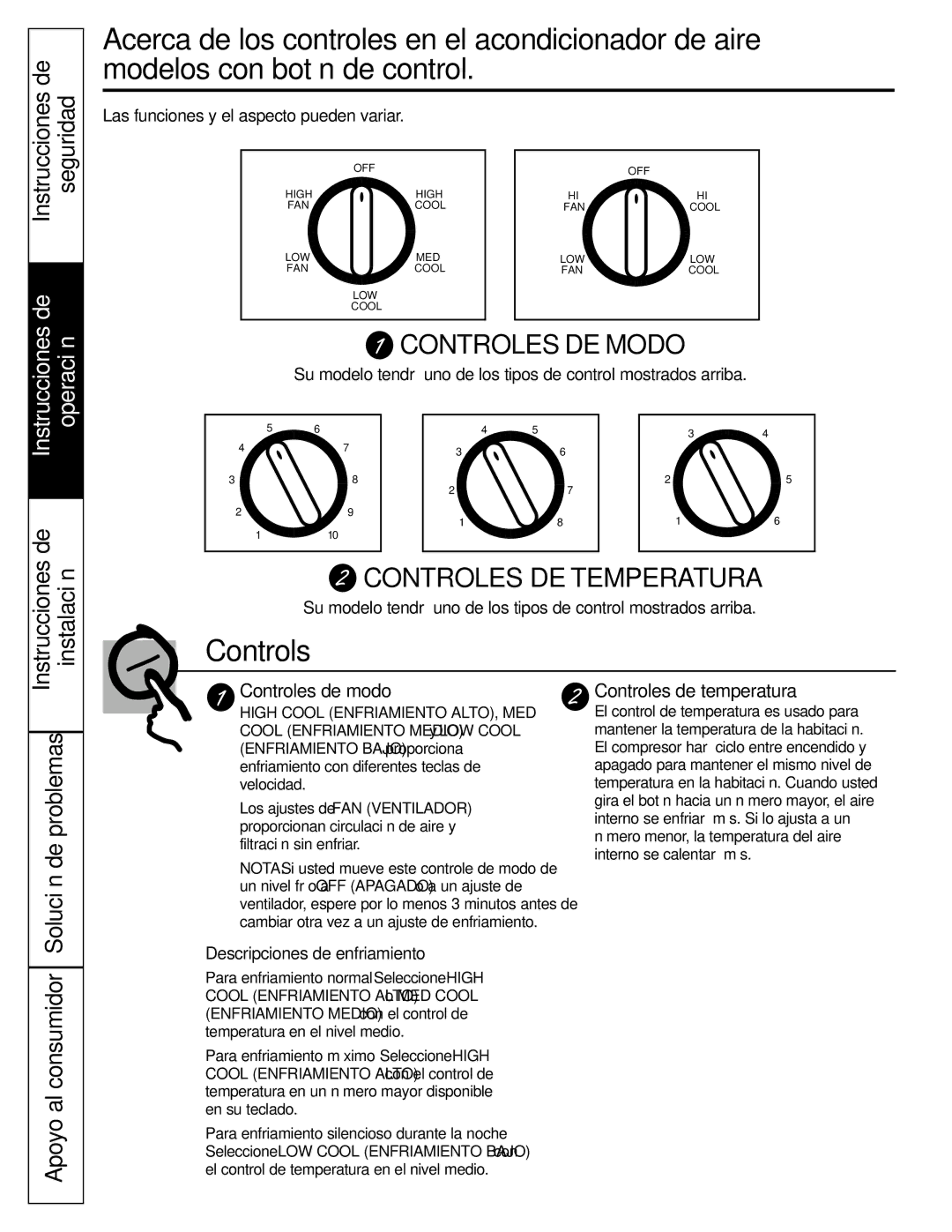 GE AGV24, AGQ24, AGW24, AGL18, AGL24 installation instructions Instalación, Controles de modo 