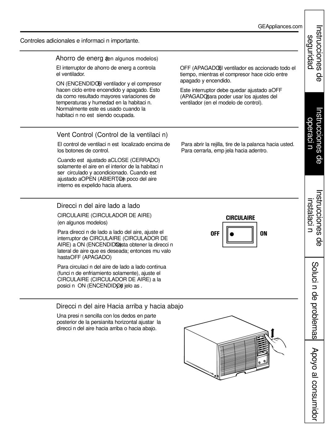 GE AGW24, AGQ24, AGV24, AGL18, AGL24 installation instructions Dirección del aire-lado a lado, Instrucciones 