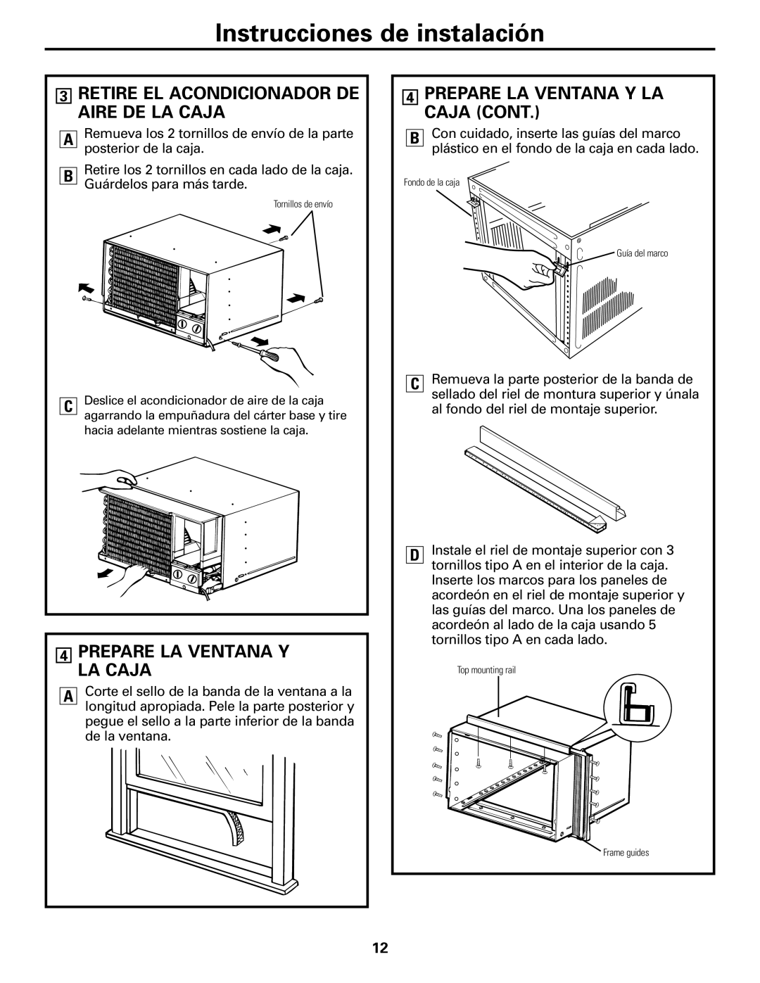 GE AGW24, AGQ24, AGV24, AGL18, AGL24 Retire EL Acondicionador DE Aire DE LA Caja, Prepare LA Ventana Y LA Caja 