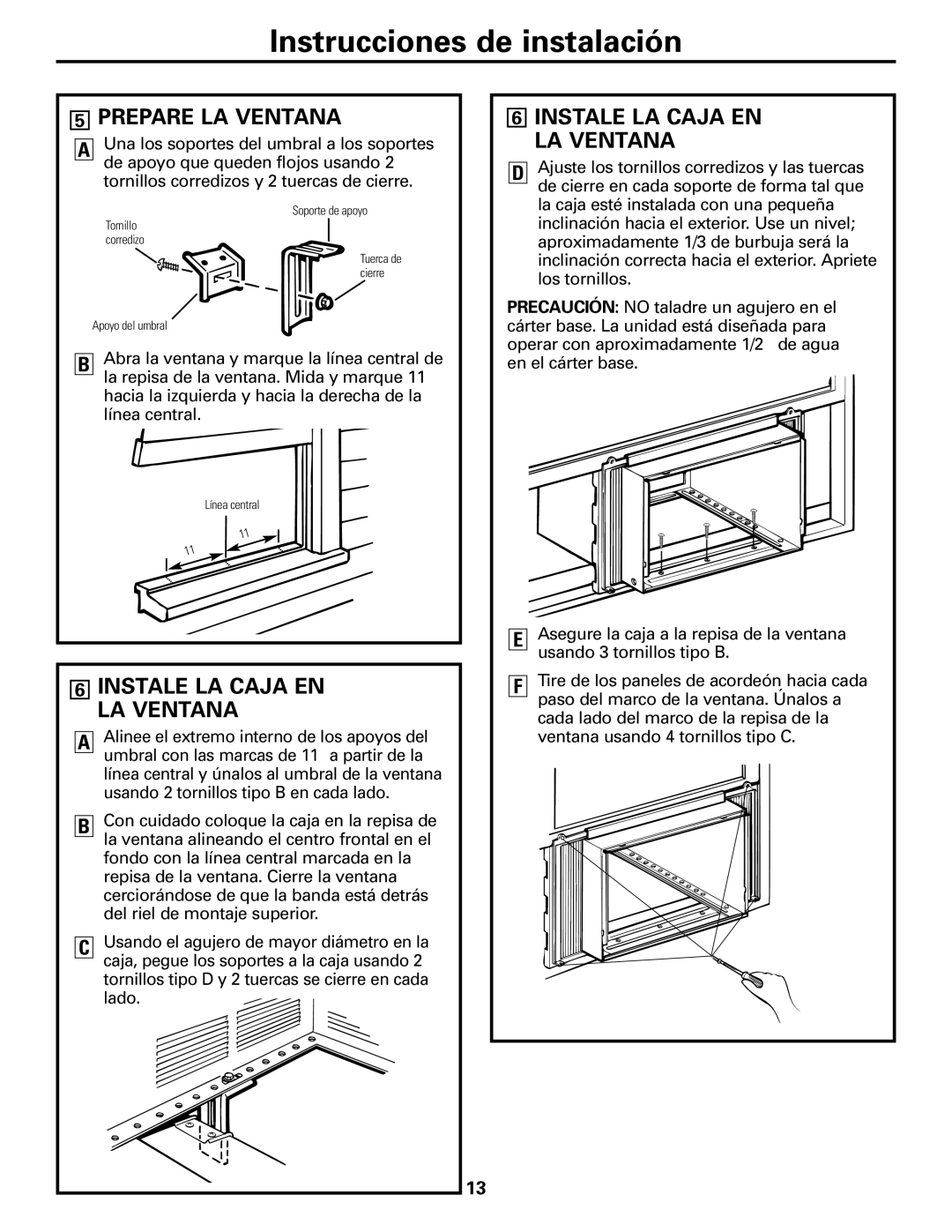 GE AGL18, AGQ24, AGV24, AGW24, AGL24 installation instructions Prepare LA Ventana, Instale LA Caja EN LA Ventana 