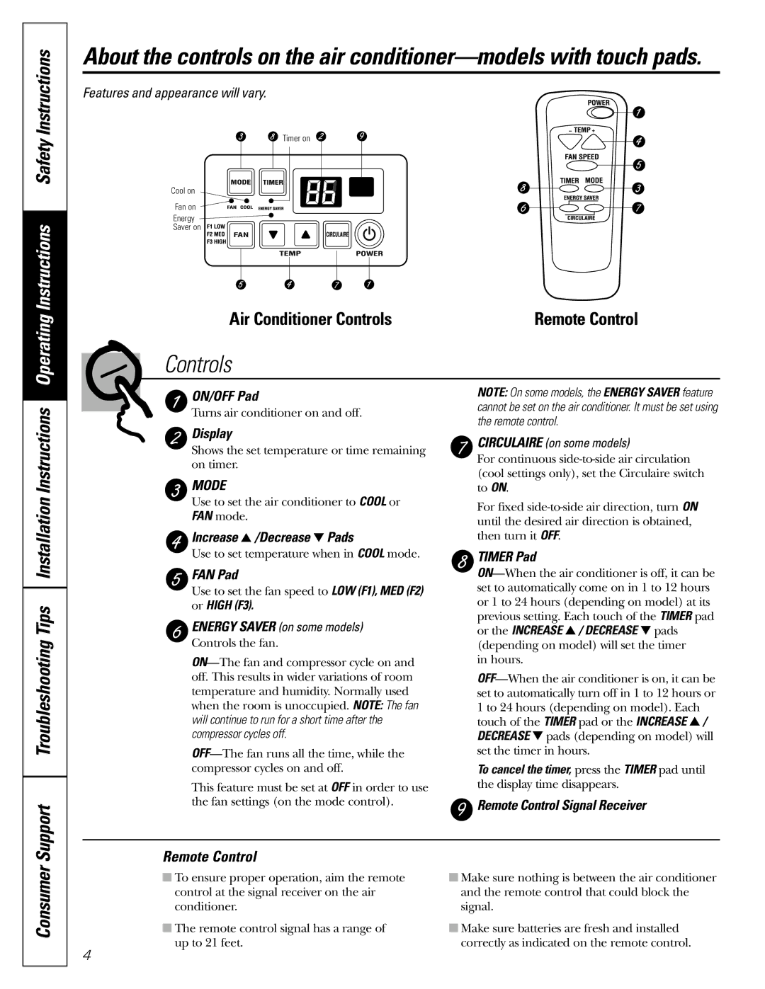 GE AGL24, AGQ24, AGV24, AGW24, AGL18 Support Troubleshooting Tips Installation Instructions, Remote Control 