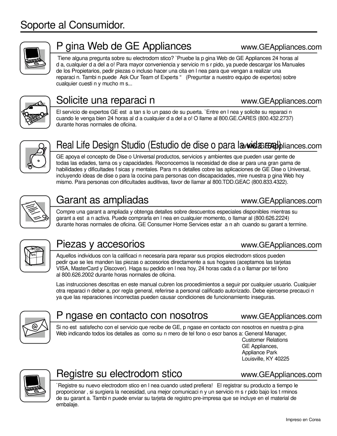 GE AGQ24, AGV24, AGW24 Soporte al Consumidor Página Web de GE Appliances, Solicite una reparación, Garantías ampliadas 