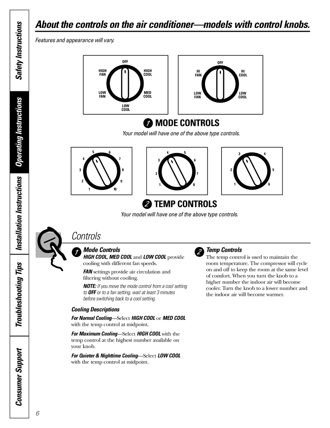 GE AGV24, AGQ24, AGW24, AGL18, AGL24 Instructions, Installation, Consumer Support, Mode Controls, Temp Controls 