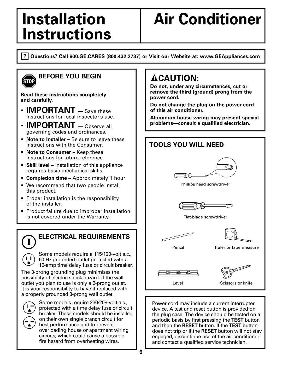 GE AGL24, AGQ24, AGV24, AGW24, AGL18 installation instructions Before YOU Begin, Electrical Requirements, Tools YOU will Need 