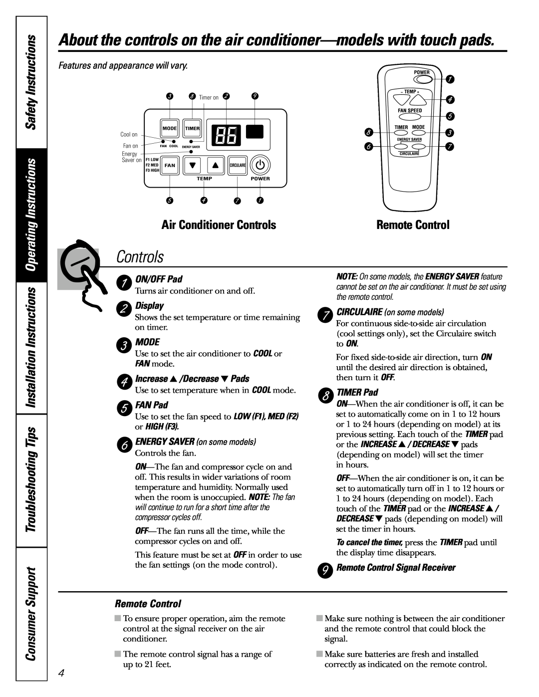 GE AGL24 Operating Instructions Safety Instructions, Air Conditioner ControlsRemote Control, Consumer, ON/OFF Pad 