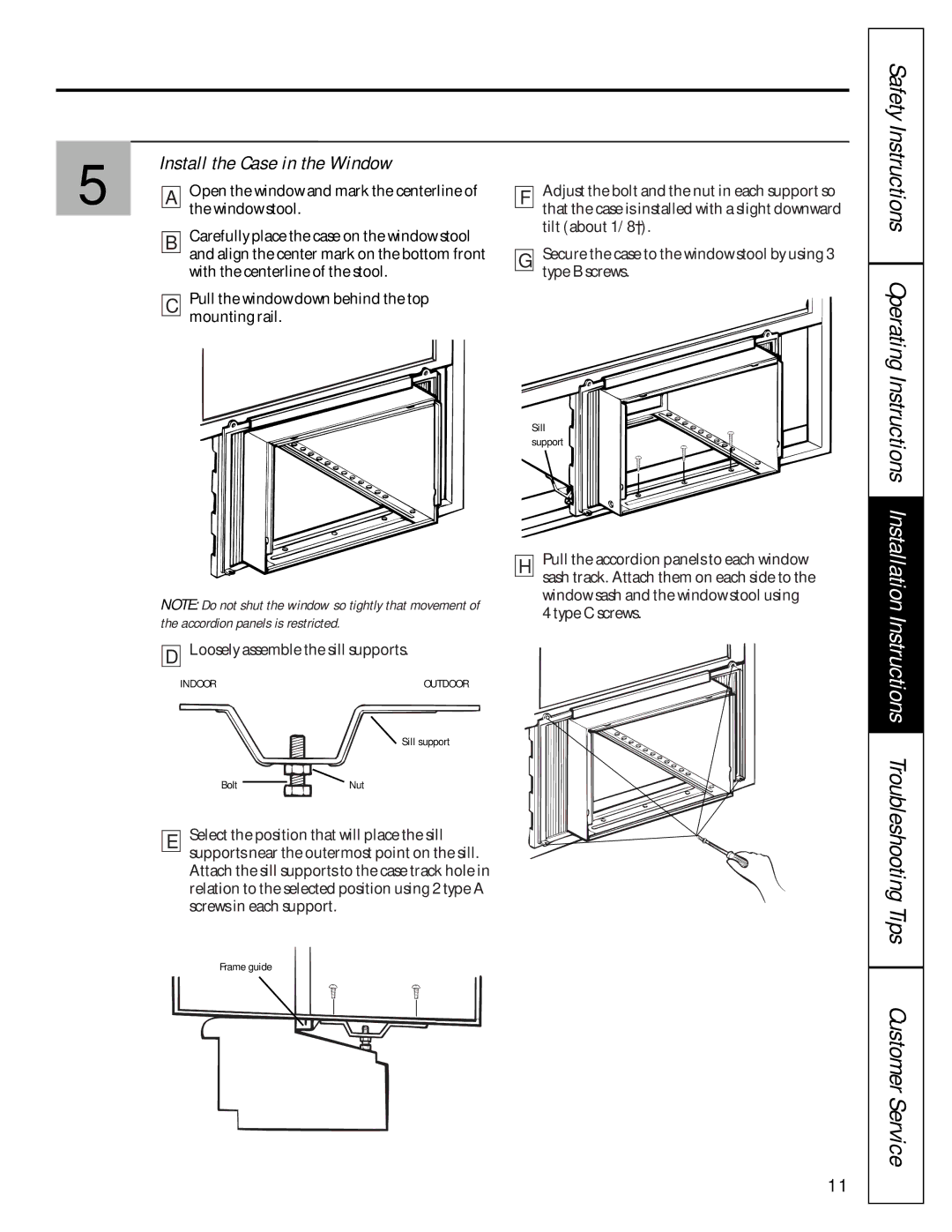 GE agp08, AGV08 owner manual Safety Instructions Operating, Install the Case in the Window 