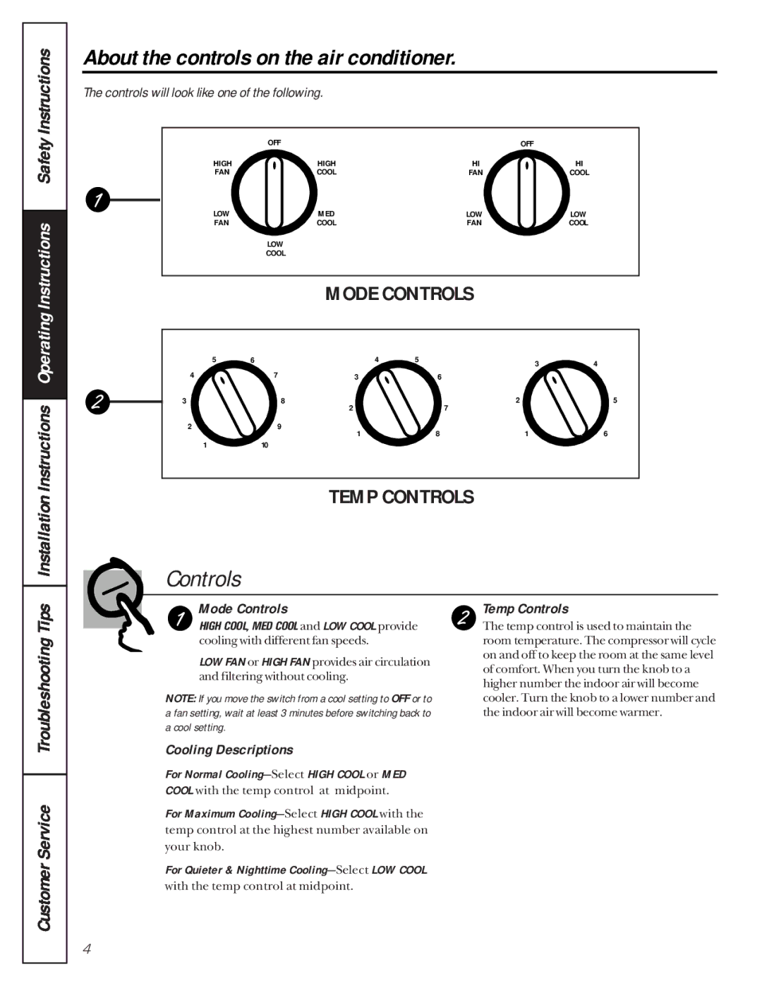 GE AGV08, agp08 owner manual About the controls on the air conditioner, Mode Controls, Temp Controls, Cooling Descriptions 