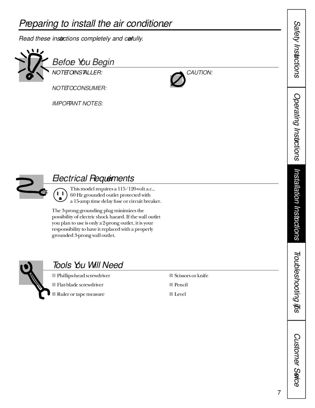 GE agp08, AGV08 owner manual Preparing to install the air conditioner, Read these instructions completely and carefully 