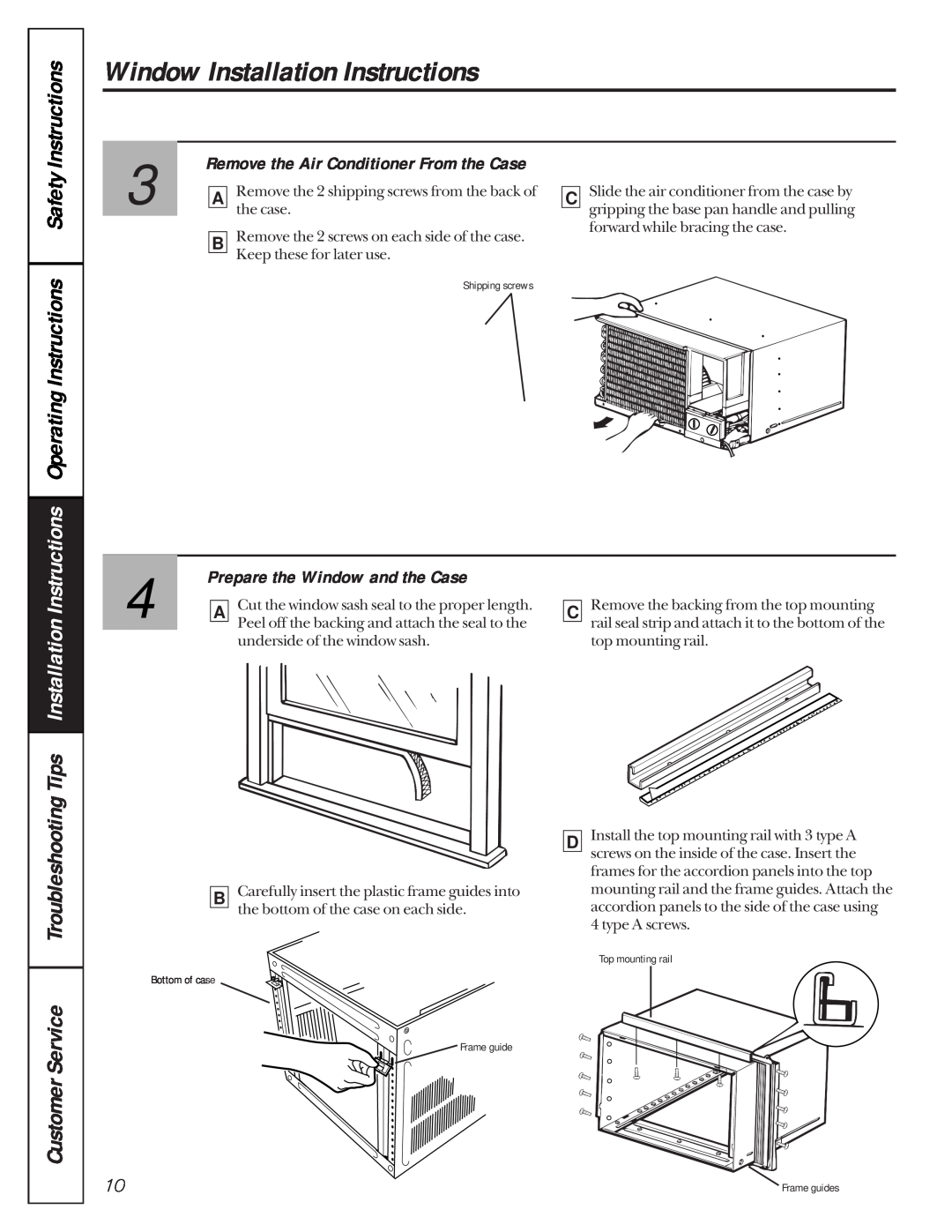 GE AGV08 TroubleshootingTips, Remove the Air Conditioner From the Case, Window Installation Instructions, CustomerService 