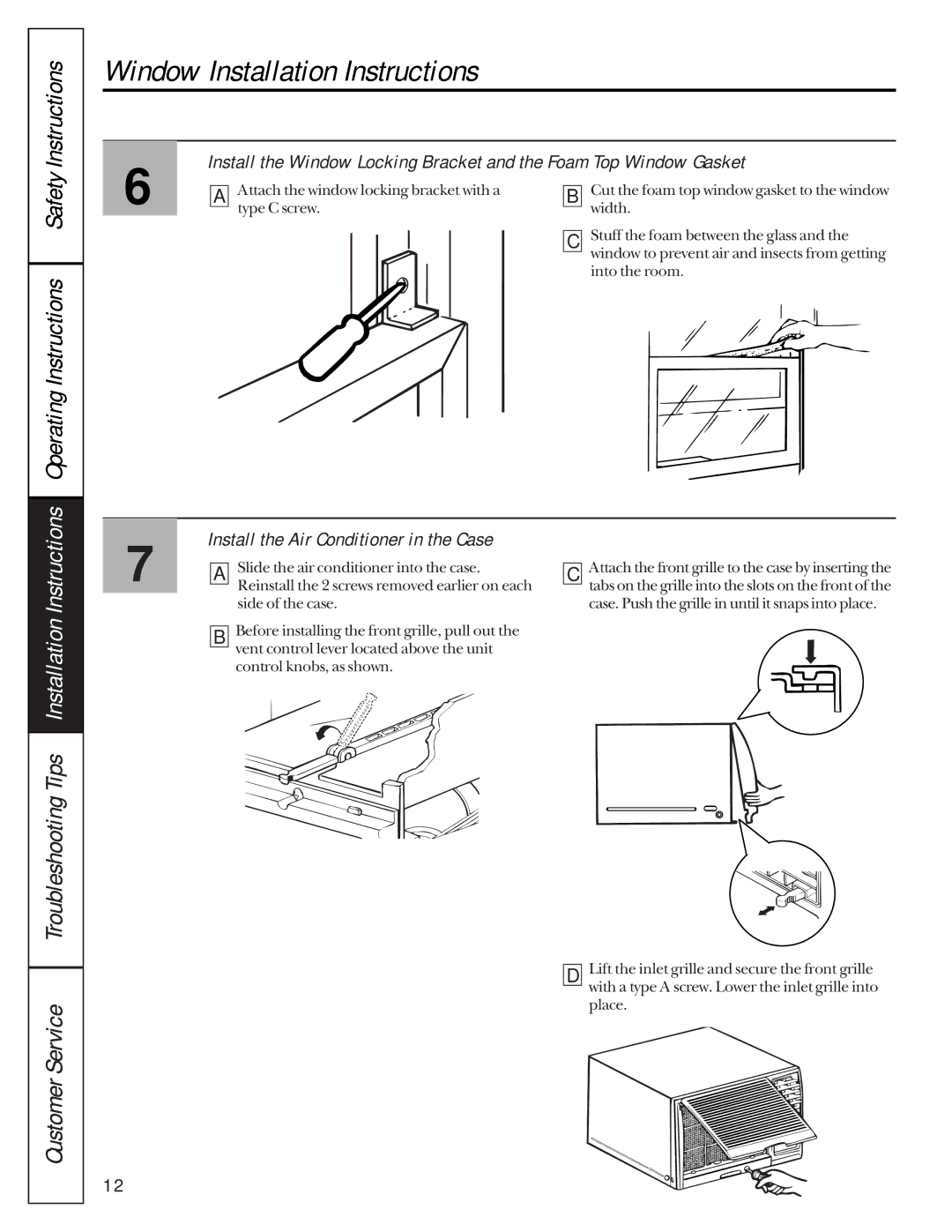 GE agv18, agp18 owner manual TroubleshootingTips Installation Instructions, Install the Air Conditioner in the Case 