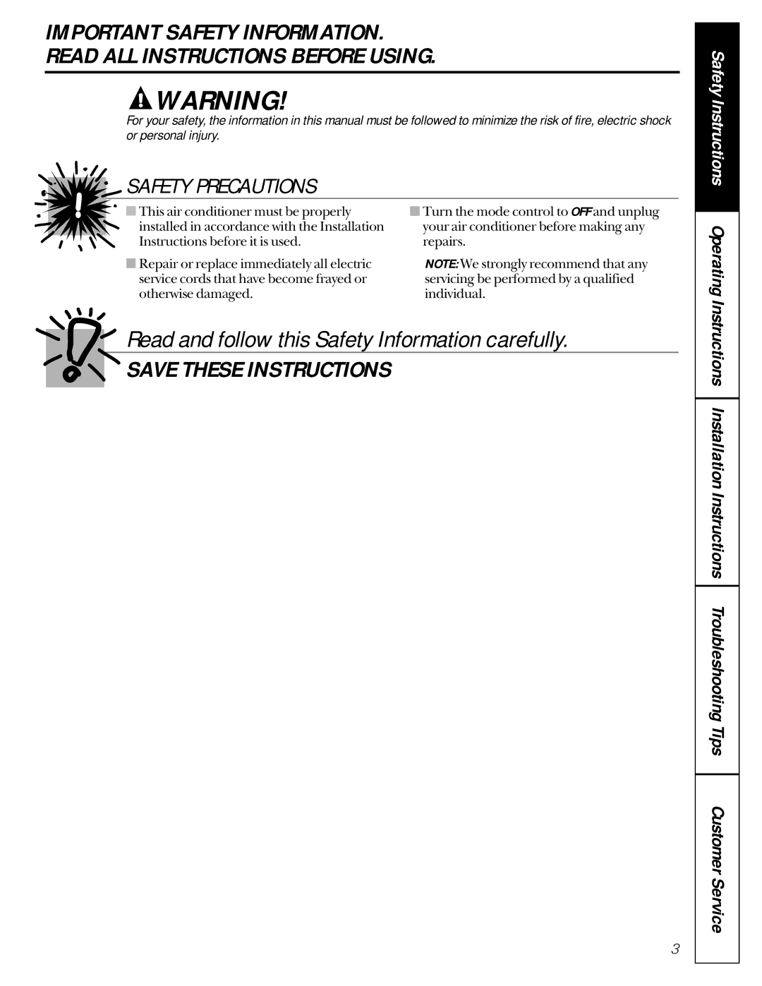 GE agp18, agv18 owner manual Safety Precautions, Read and follow this Safety Information carefully 