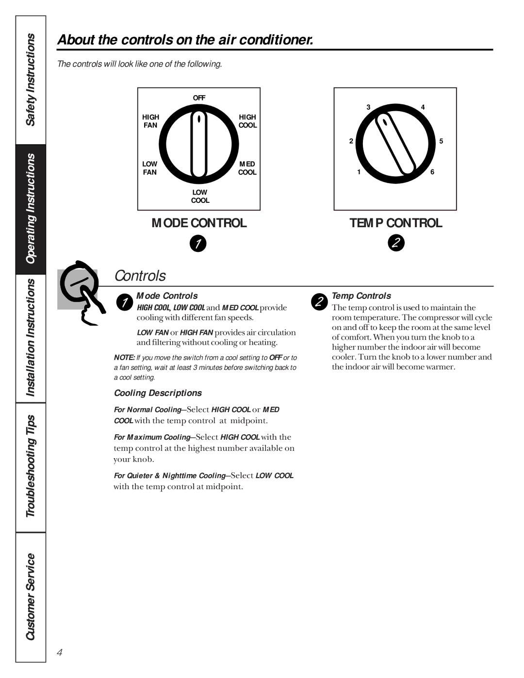 GE agv18, agp18 About the controls on the air conditioner, Mode Controls, Temp Controls, Cooling Descriptions 