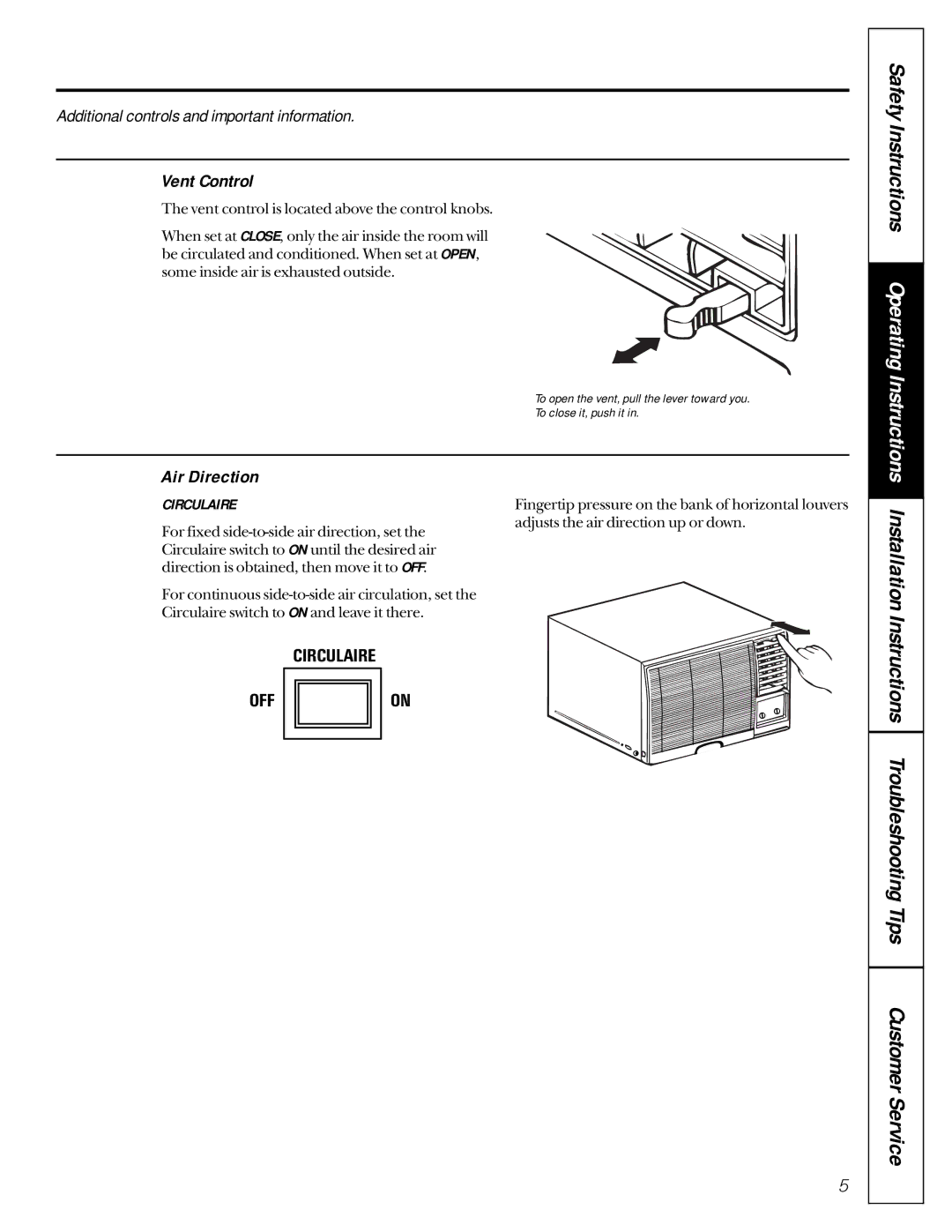 GE agp18, agv18 owner manual Vent Control, Air Direction 