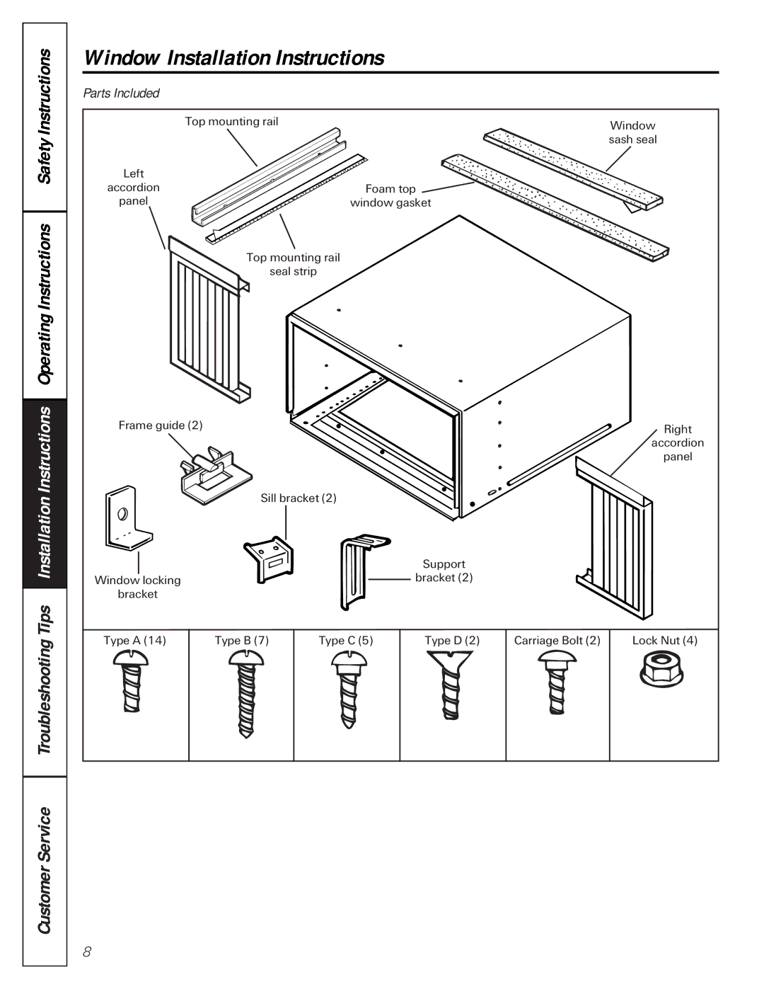 GE agv18, agp18 owner manual Window Installation Instructions, Parts Included 