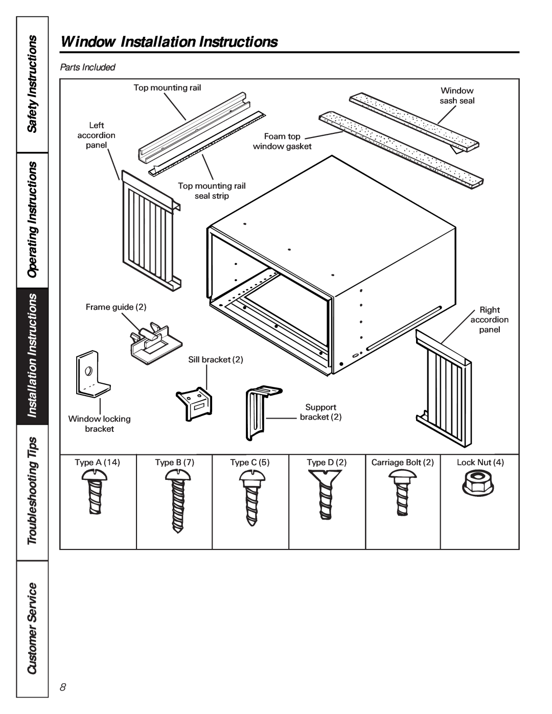 GE agv18, agp18 owner manual Window Installation Instructions, Parts Included, CustomerService 