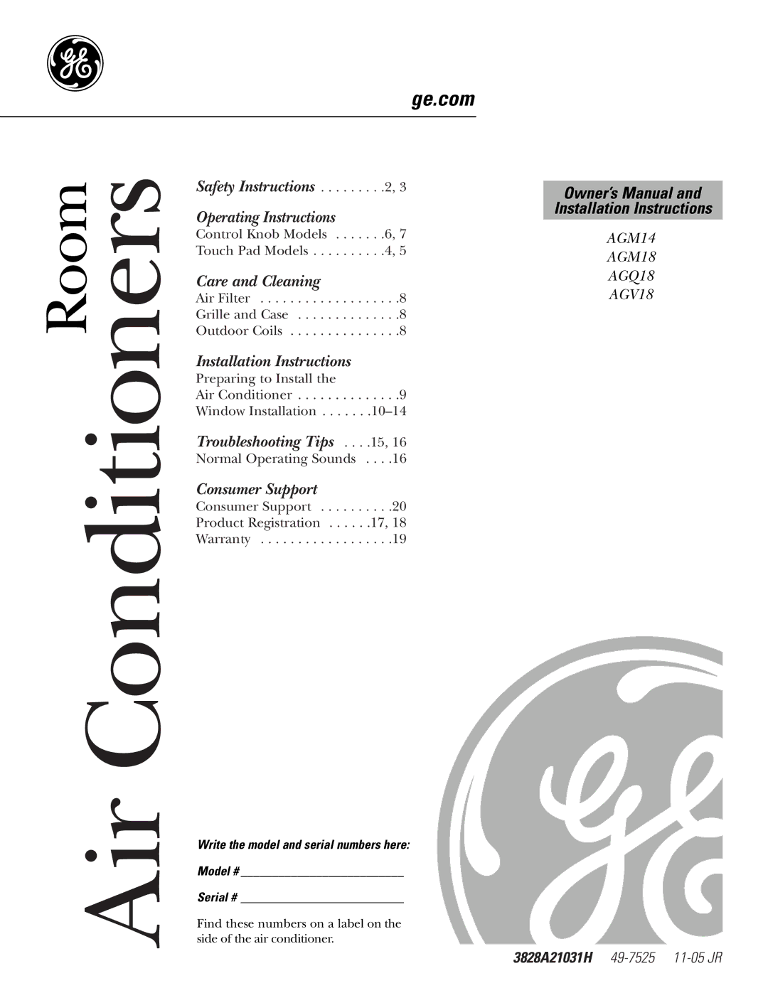 GE AGQ18, agv18, AGM14 operating instructions Air Conditioners, Write the model and serial numbers here Model # Serial # 