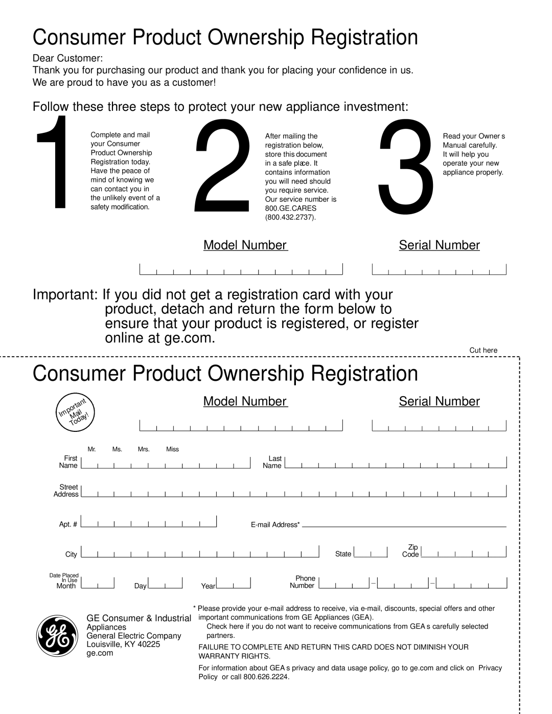 GE AGM14, agv18, AGQ18, AGM18 operating instructions Consumer Product Ownership Registration 