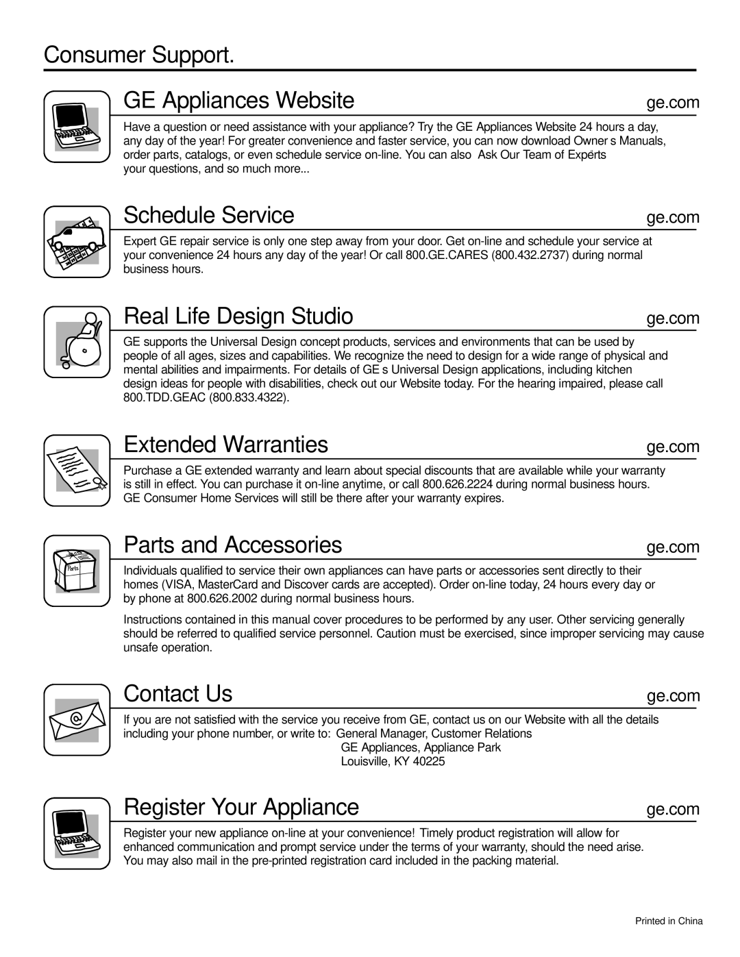 GE agv18, AGQ18 Consumer Support GE Appliances Website, Schedule Service, Real Life Design Studio, Extended Warranties 