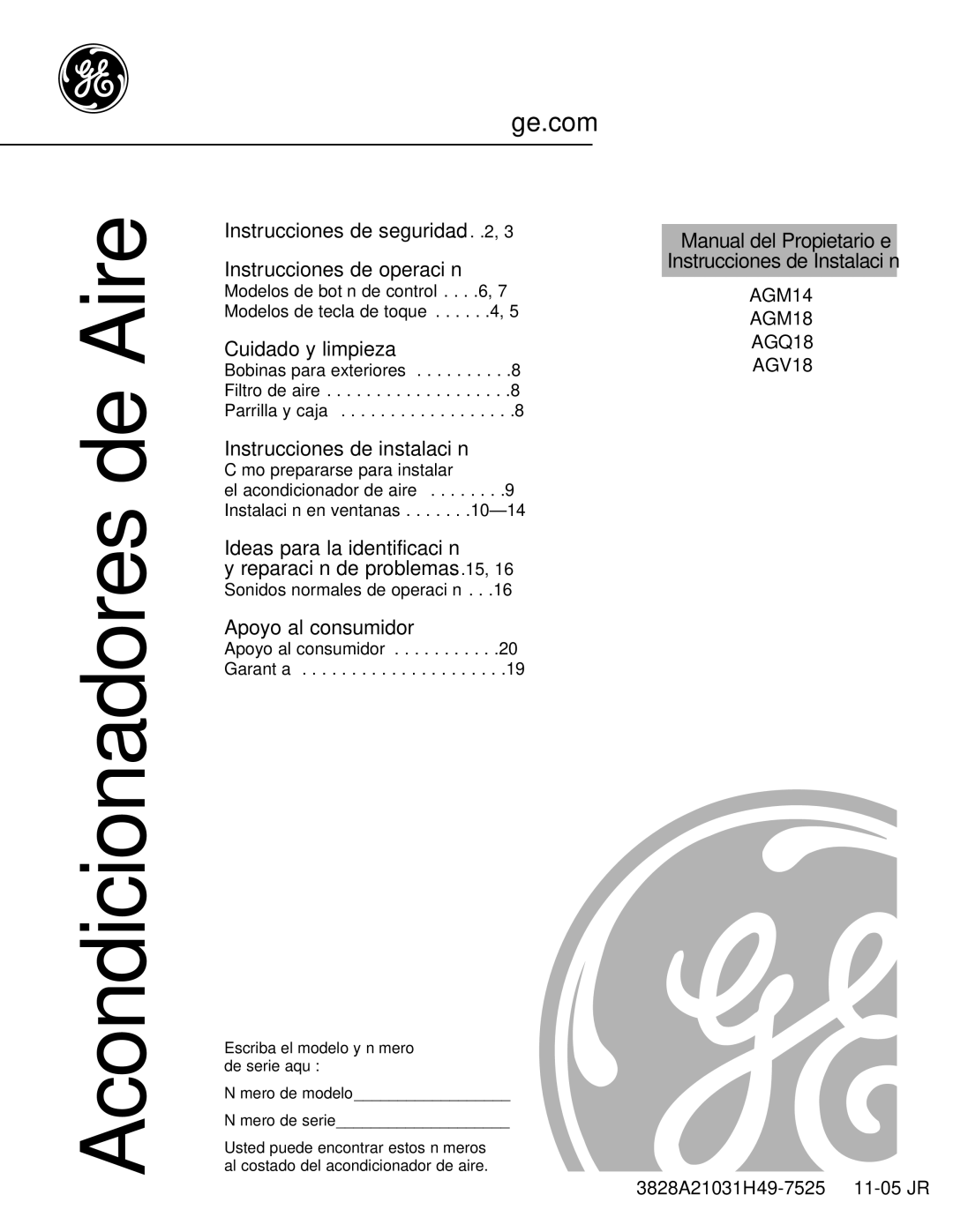 GE AGQ18, agv18, AGM14, AGM18 operating instructions Acondicionadores de Aire 