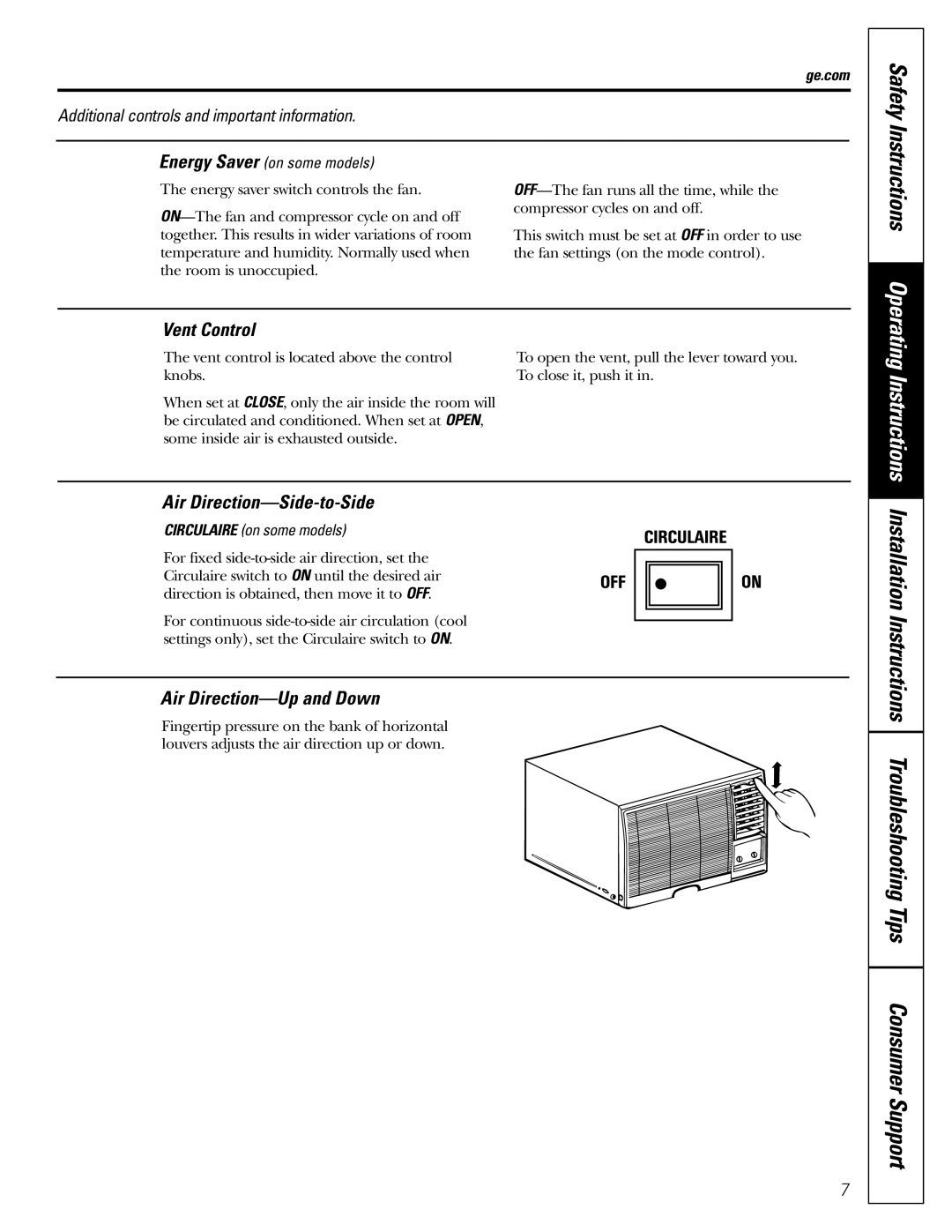 GE AGM18, agv18, AGQ18, AGM14 operating instructions Safety, Air Direction-Side-to-Side 