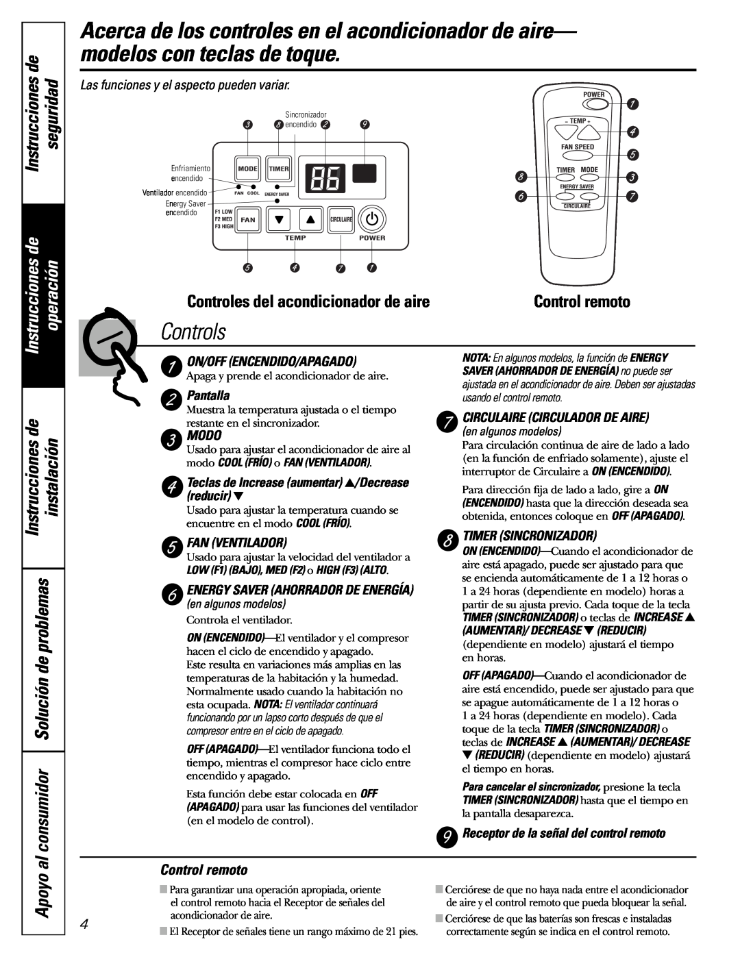 GE agv18, AGQ18 seguridad, al consumidor Solución de problemas, Controles del acondicionador de aire, Apoyo, Controls 