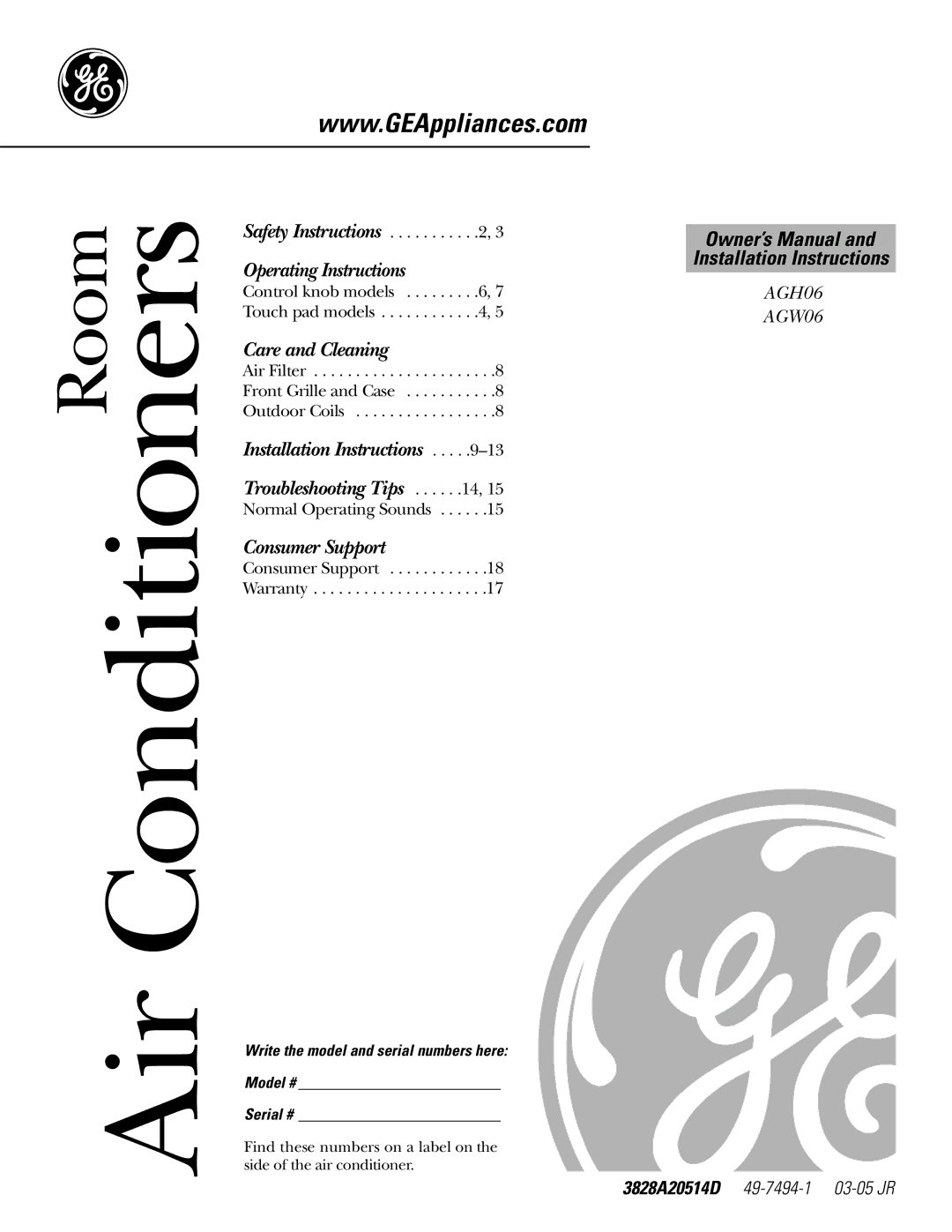 GE AGH06, AGW06 operating instructions Air Conditioners 