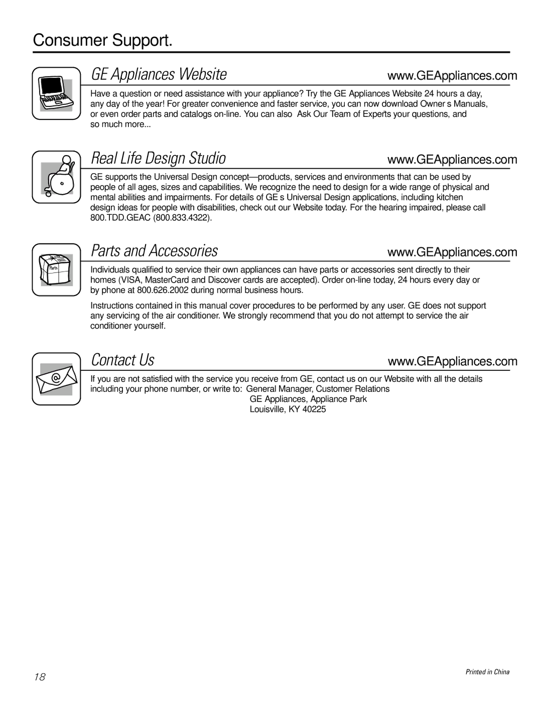 GE AGW06, AGH06 operating instructions Parts and Accessories, Contact Us 