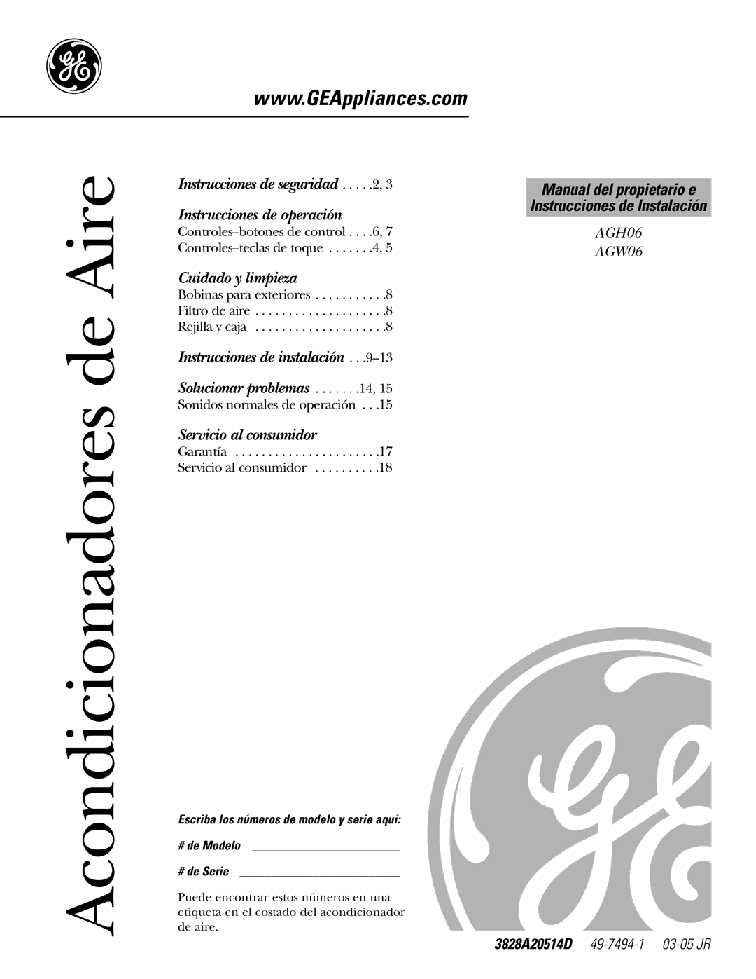 GE AGH06, AGW06 operating instructions Acondicionadores de Aire 