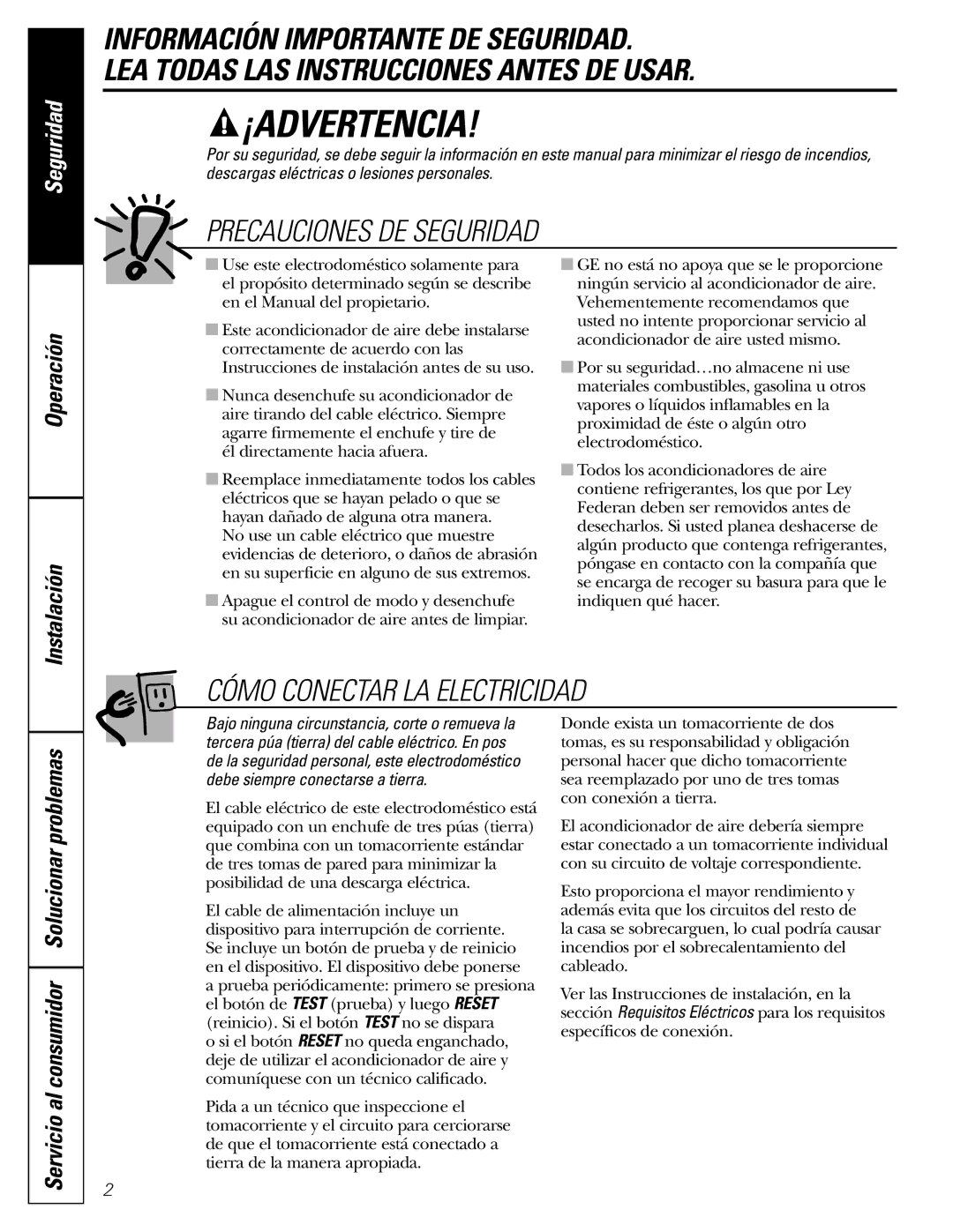 GE AGW06, AGH06 operating instructions ¡Advertencia, Operación Instalación 