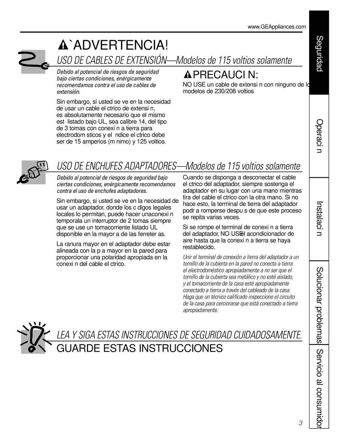 GE AGH06, AGW06 operating instructions Operación, USO DE Cables DE EXTENSIÓN-Modelos de 115 voltios solamente 