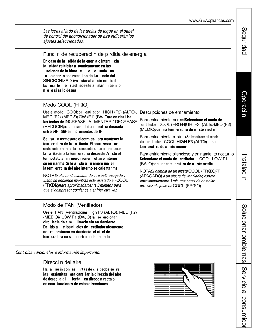 GE AGH06, AGW06 Función de recuperación de pérdida de energía, Modo Cool Frio, Modo de FAN Ventilador, Dirección del aire 