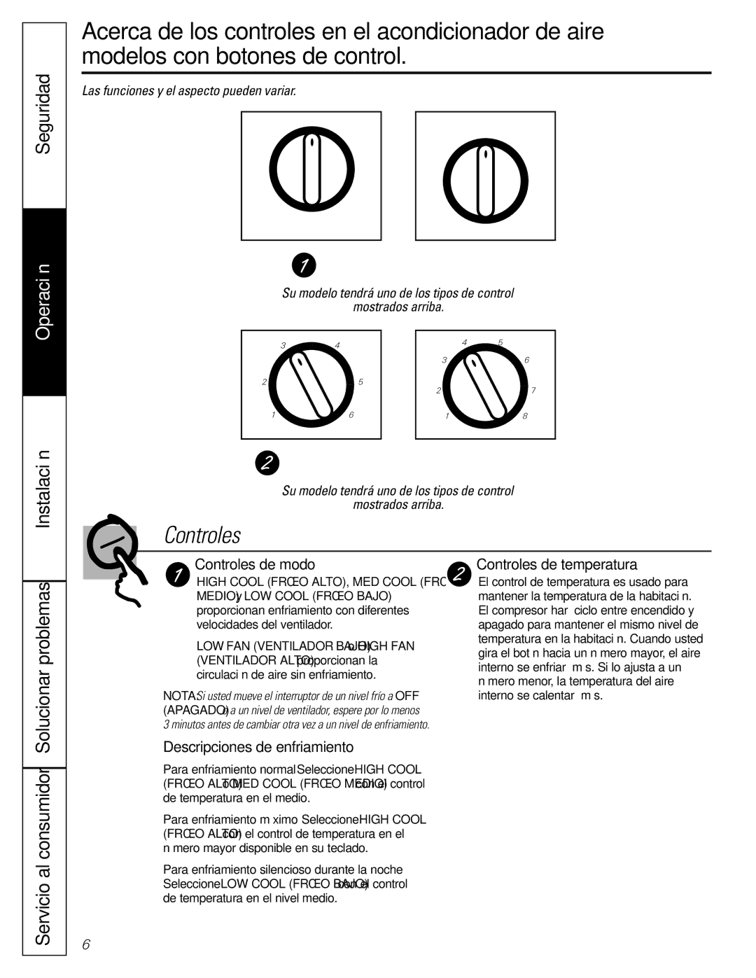 GE AGW06, AGH06 Solucionar problemas, Servicio al consumidor, Controles de modo, Descripciones de enfriamiento 