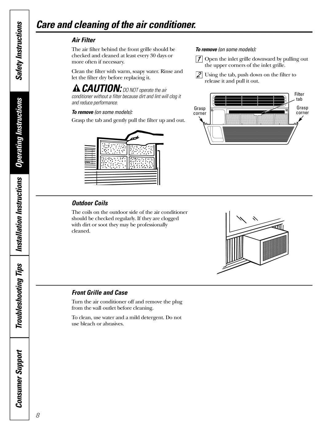 GE AGW06, AGH06 Care and cleaning of the air conditioner, Air Filter, Outdoor Coils, Front Grille and Case 