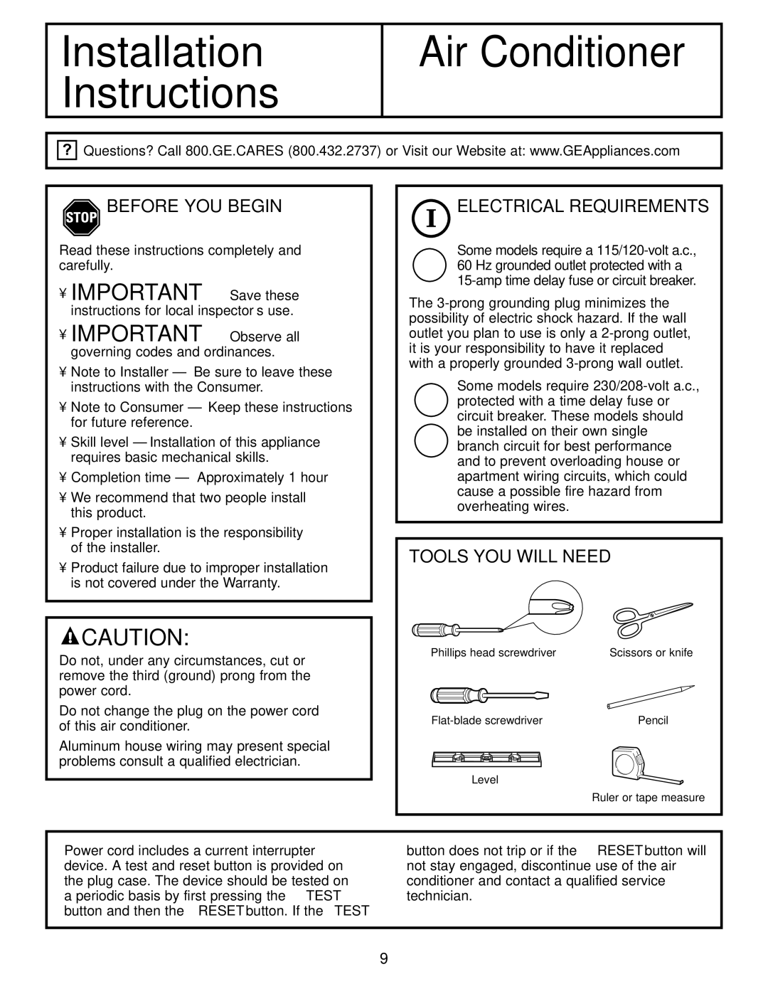 GE AGH06, AGW06 operating instructions Before YOU Begin, Electrical Requirements, Tools YOU will Need 