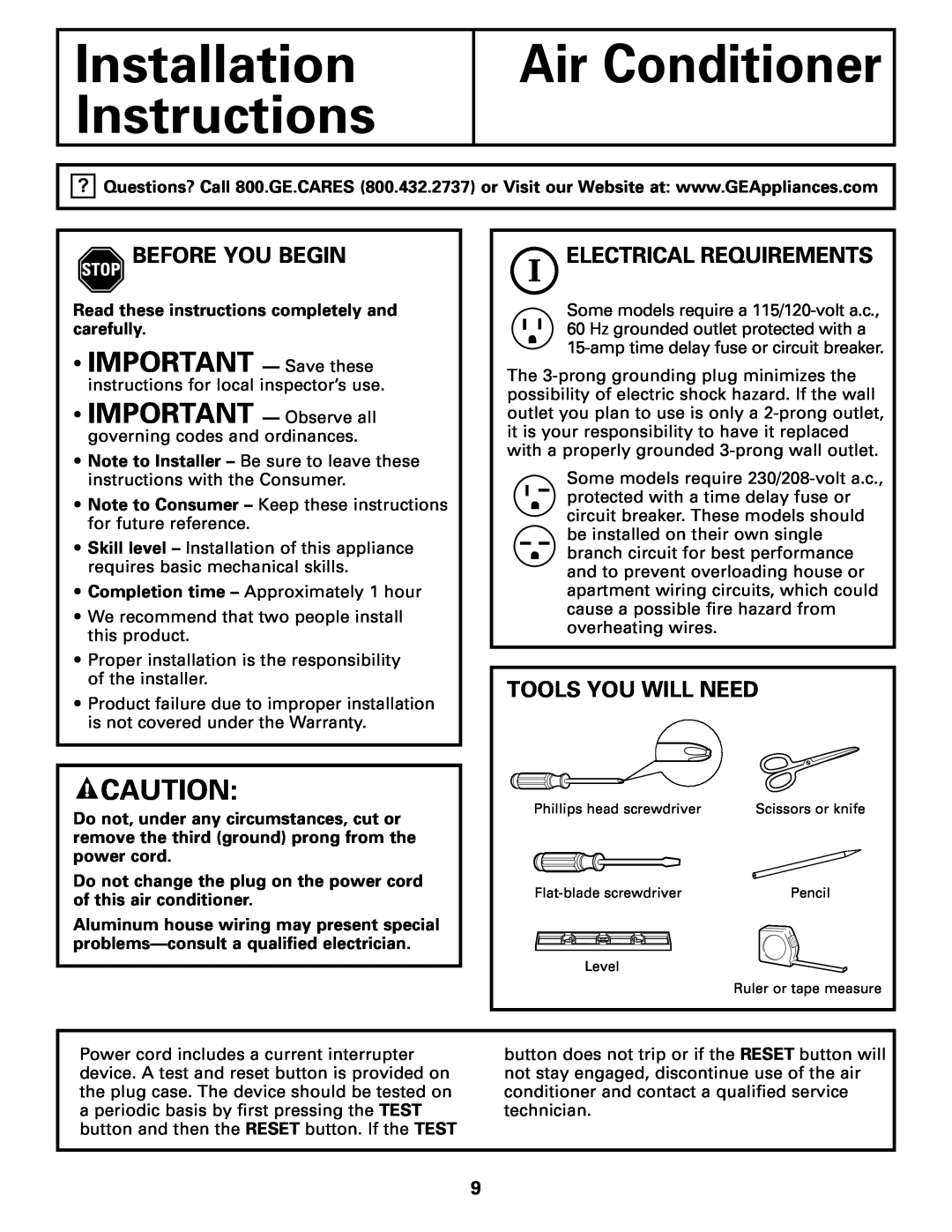 GE AGH06 Installation Instructions, Air Conditioner, •IMPORTANT — Save these, Before You Begin, Electrical Requirements 