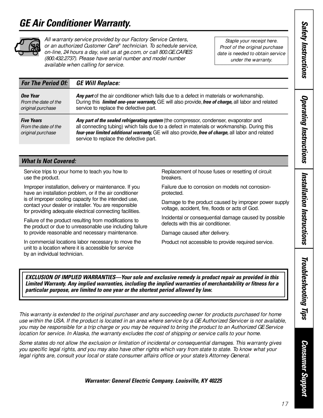 GE AGH18, AGW18 owner manual GE Air Conditioner Warranty, GE Will Replace, What Is Not Covered 