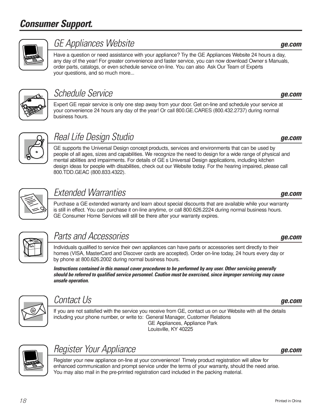 GE AGW18, AGH18 Consumer Support GE Appliances Website, Schedule Service, Real Life Design Studio, Extended Warranties 