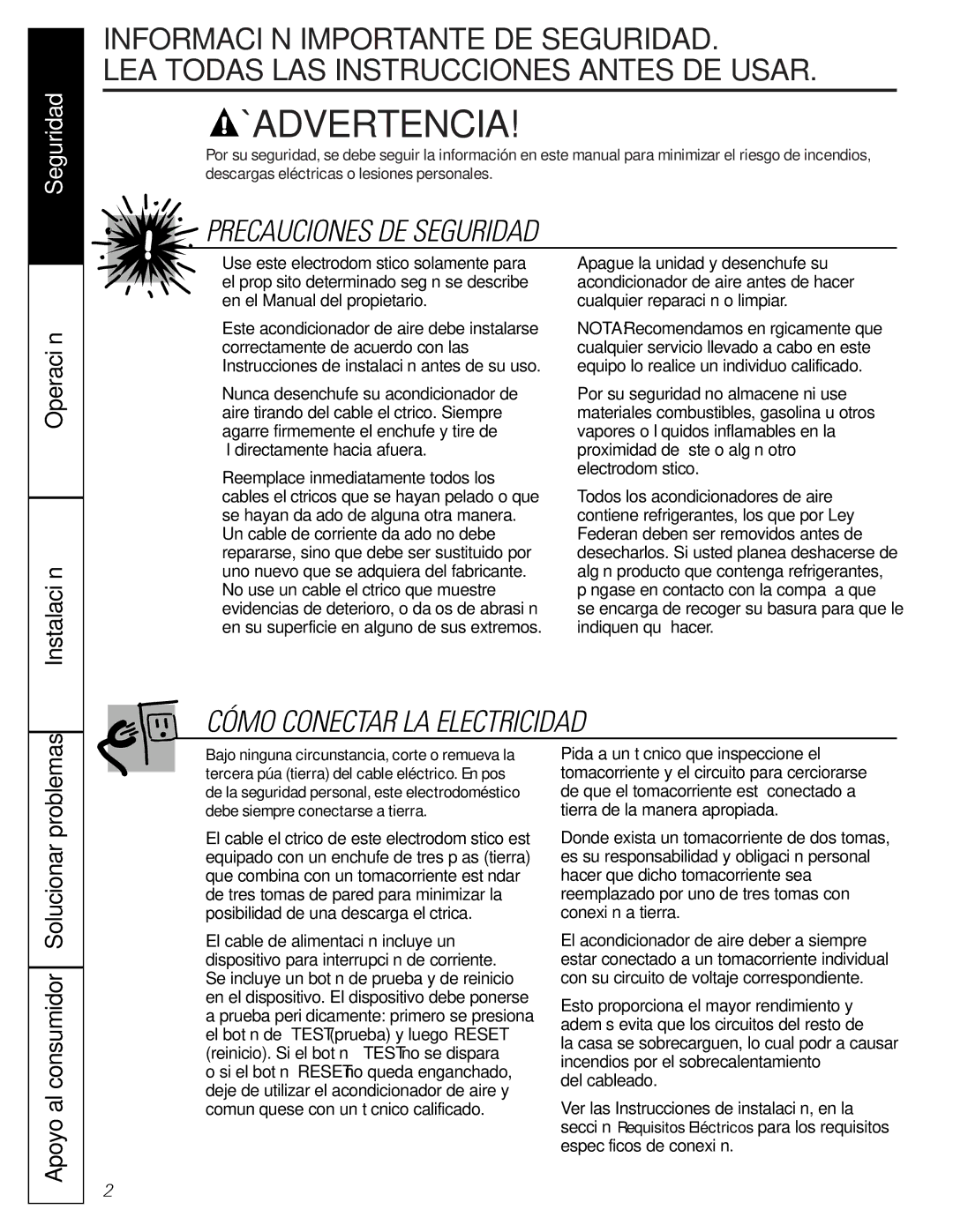 GE AGW18, AGH18 owner manual ¡Advertencia, Operación Instalación 