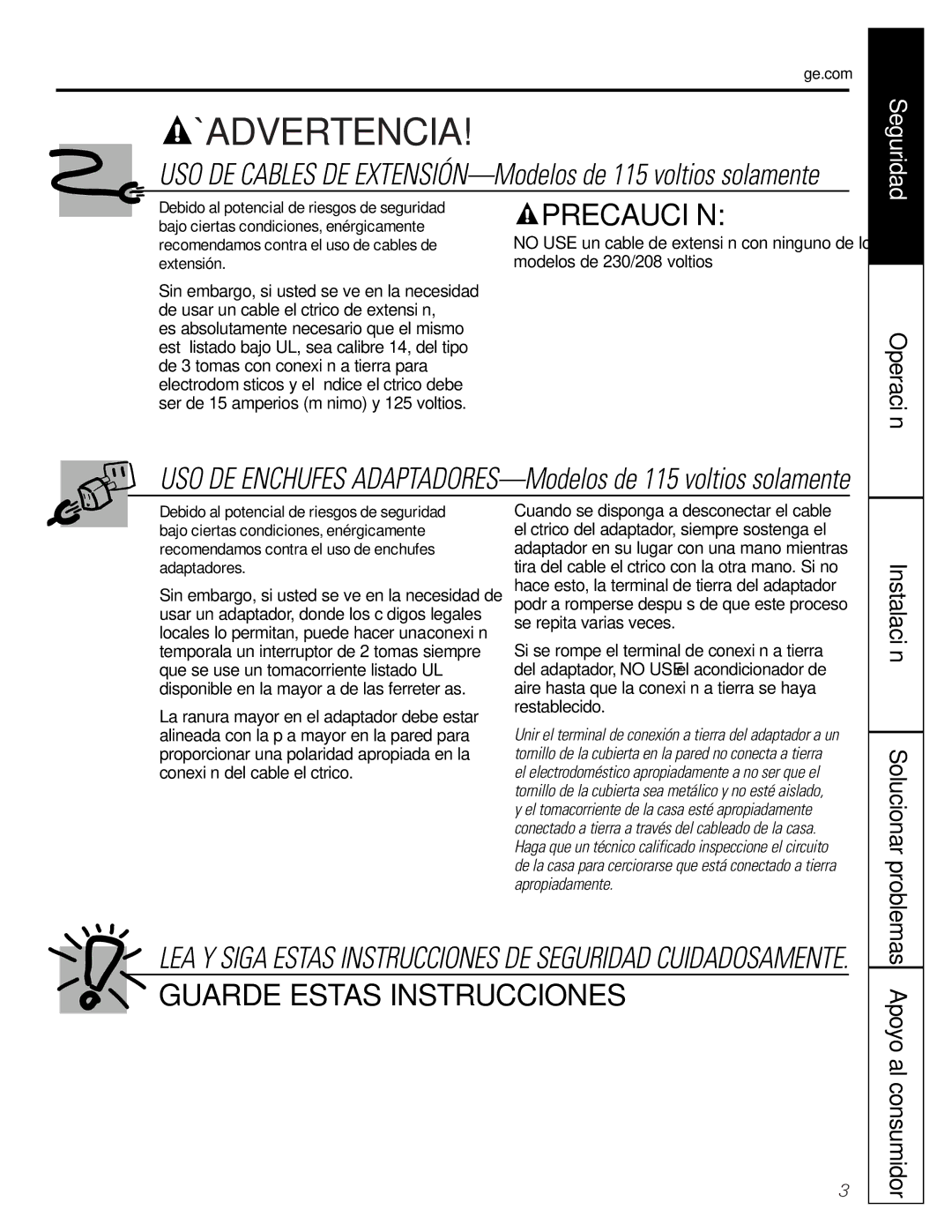 GE AGH18, AGW18 owner manual Operación, Apoyo al consumidor, Solucionar problemas 