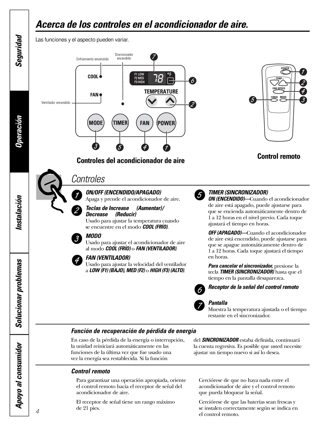 GE AGW18, AGH18 Acerca de los controles en el acondicionador de aire, Instalación Problemas, Apoyo al, Control remoto 