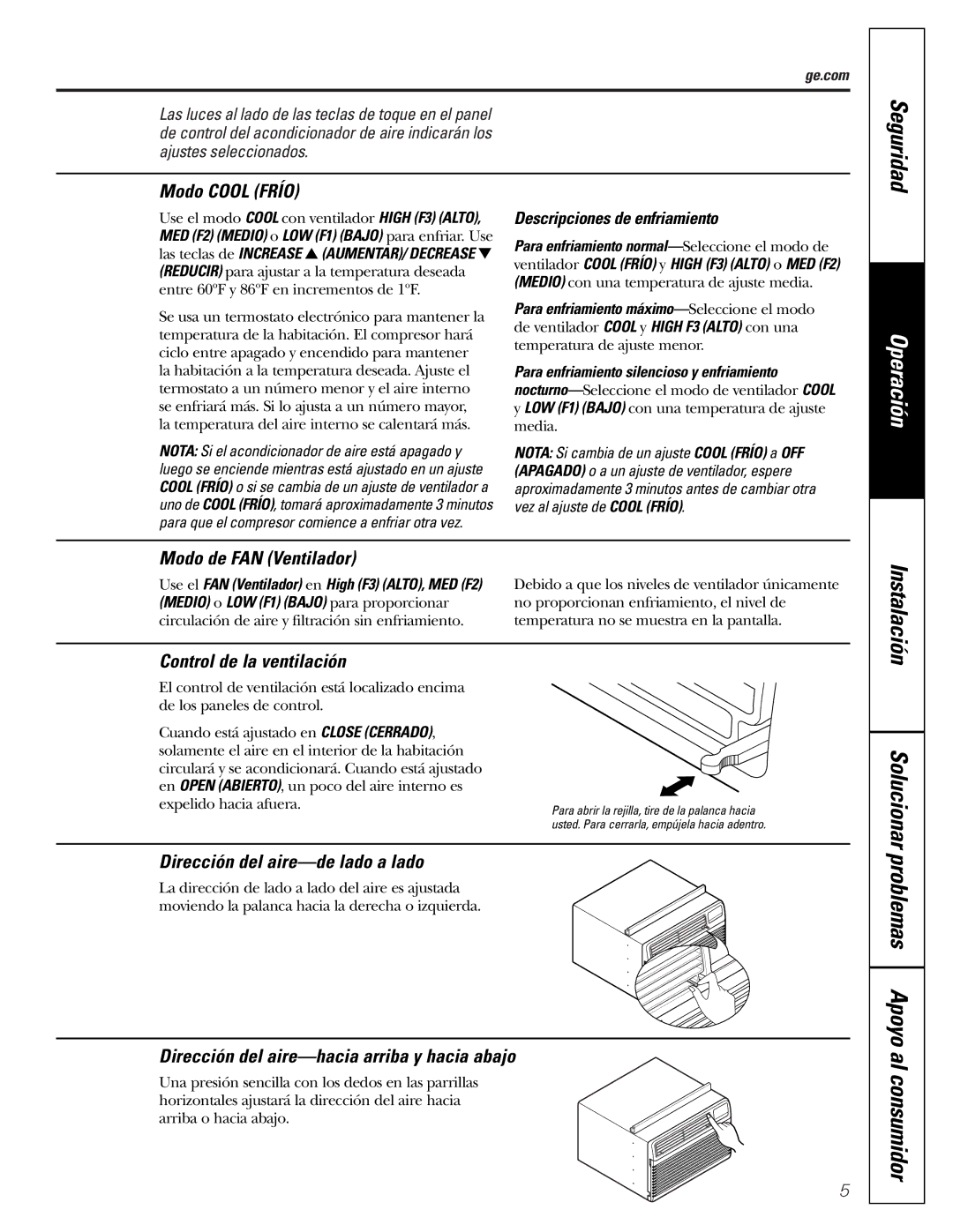 GE AGH18, AGW18 Modo Cool Frío, Modo de FAN Ventilador, Control de la ventilación, Dirección del aire-de lado a lado 