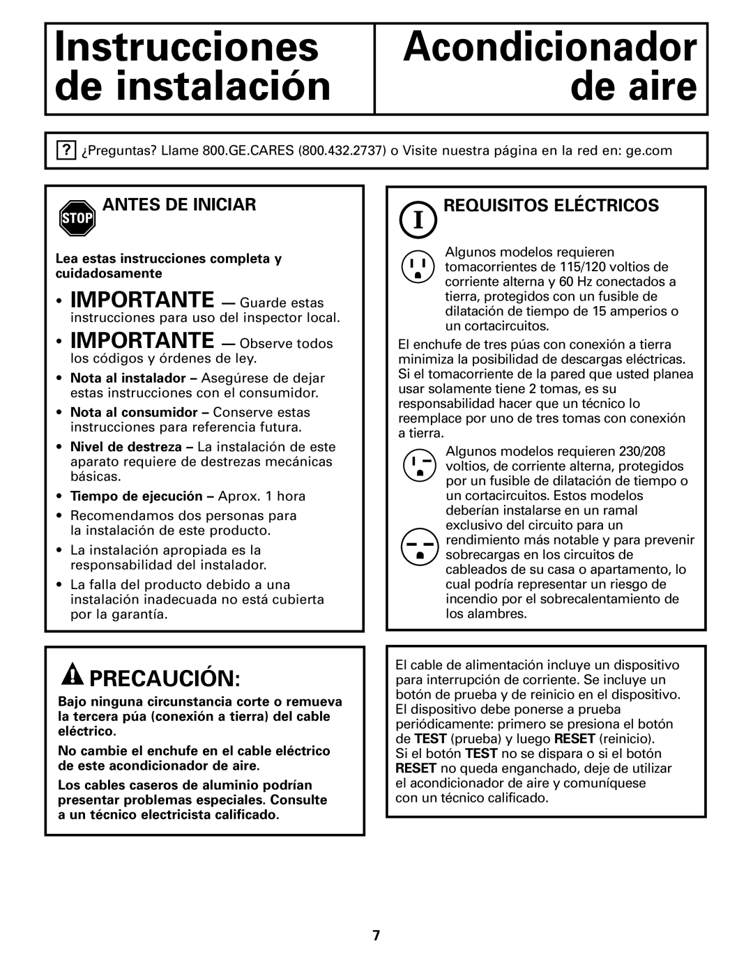 GE AGH18, AGW18 owner manual Antes DE Iniciar, Requisitos Eléctricos 