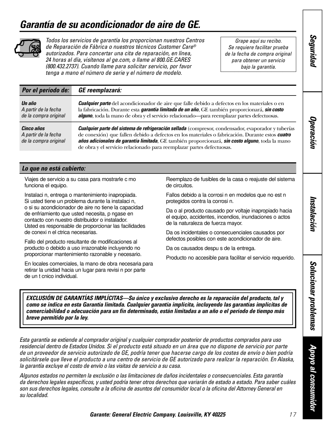 GE AGH18, AGW18 Garantía de su acondicionador de aire de GE, Seguridad Operación, GE reemplazará, Lo que no está cubierto 